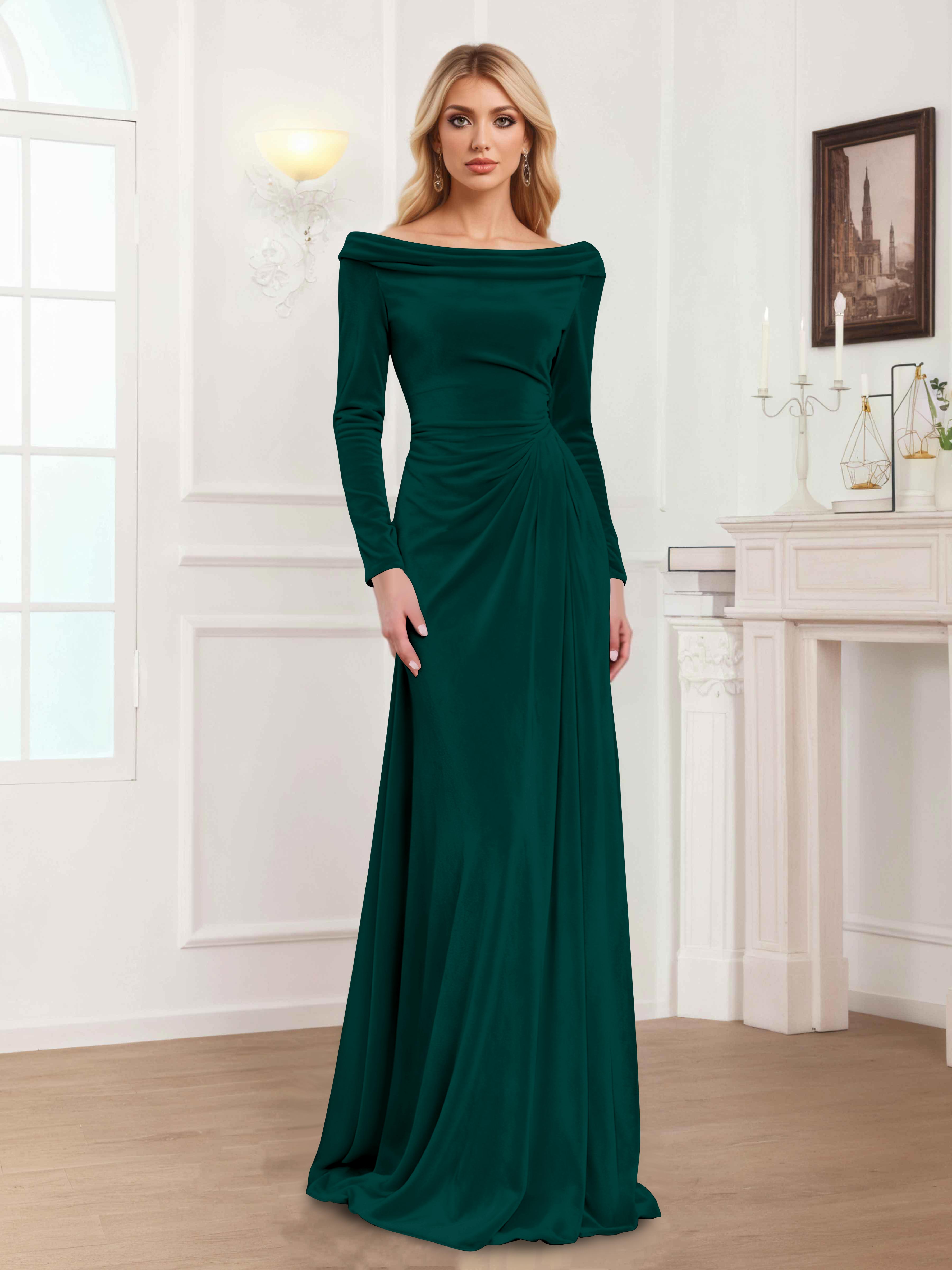 Zanna Elegant Long Sleeves Pleated Long Velvet Mother Of The Bride Dresses