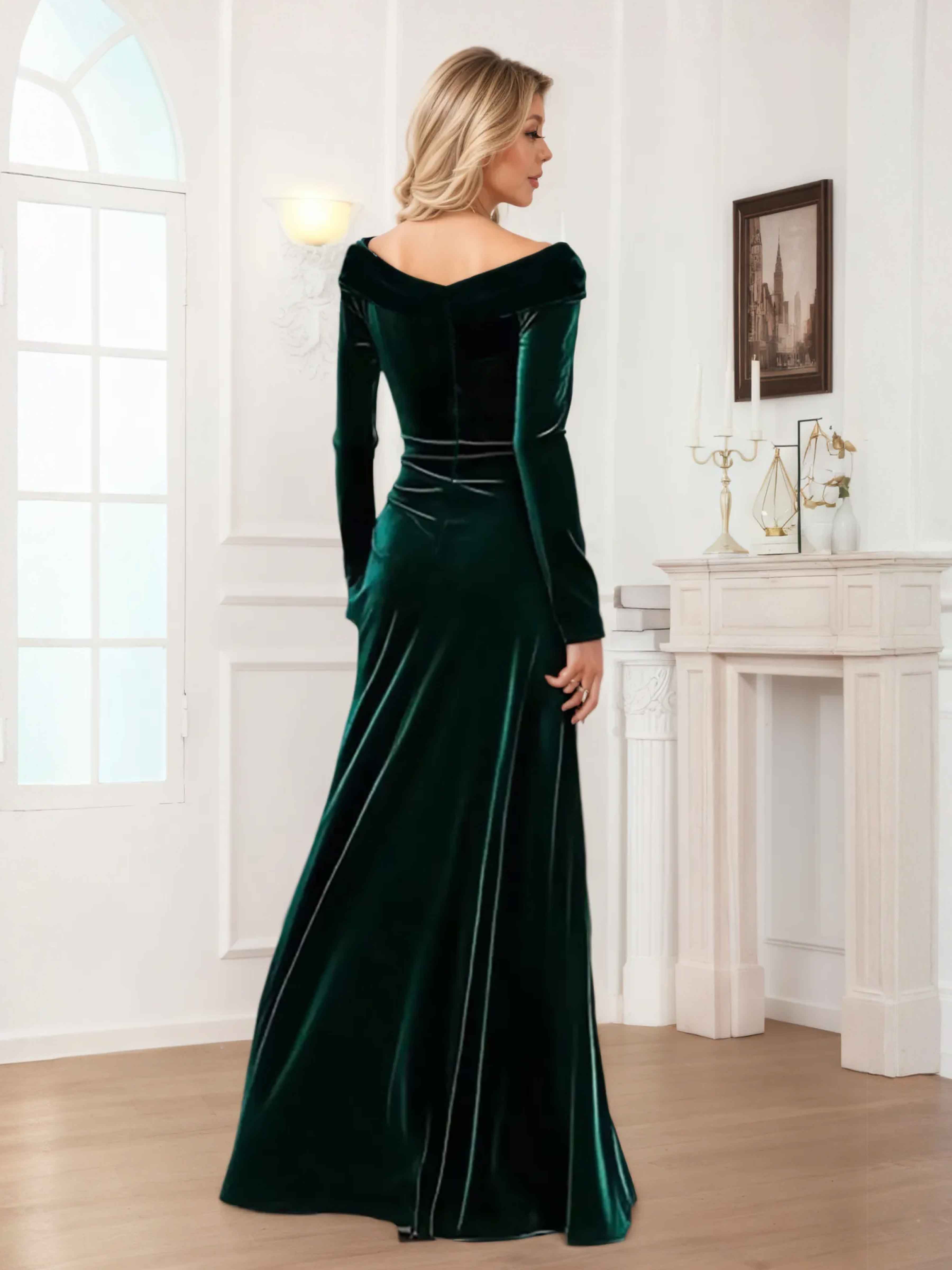 Zanna Elegant Long Sleeves Pleated Long Velvet Mother Of The Bride Dresses