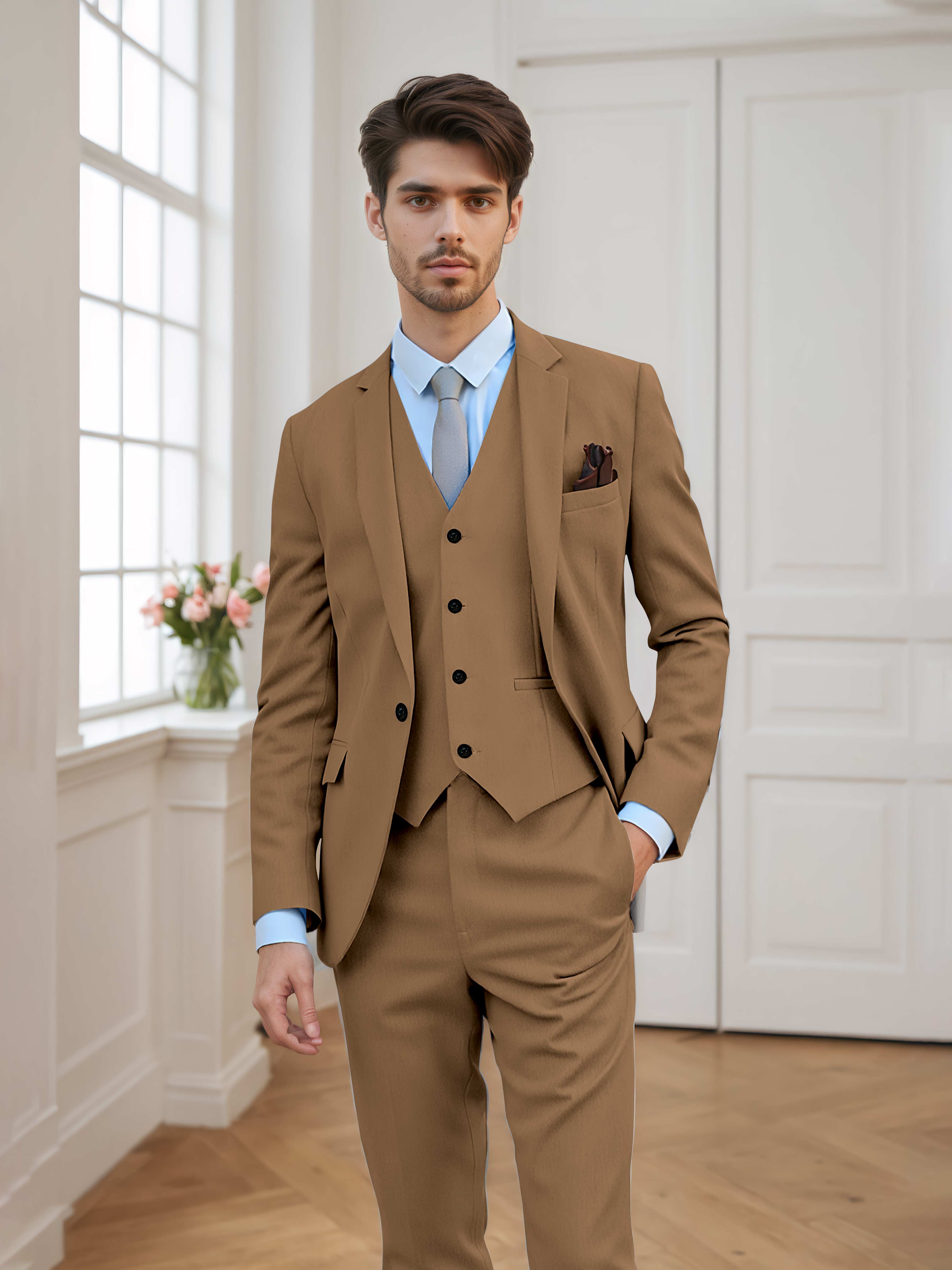 Chic Men's Tailored Fit One Button 3 Pieces Formal Suits UK
