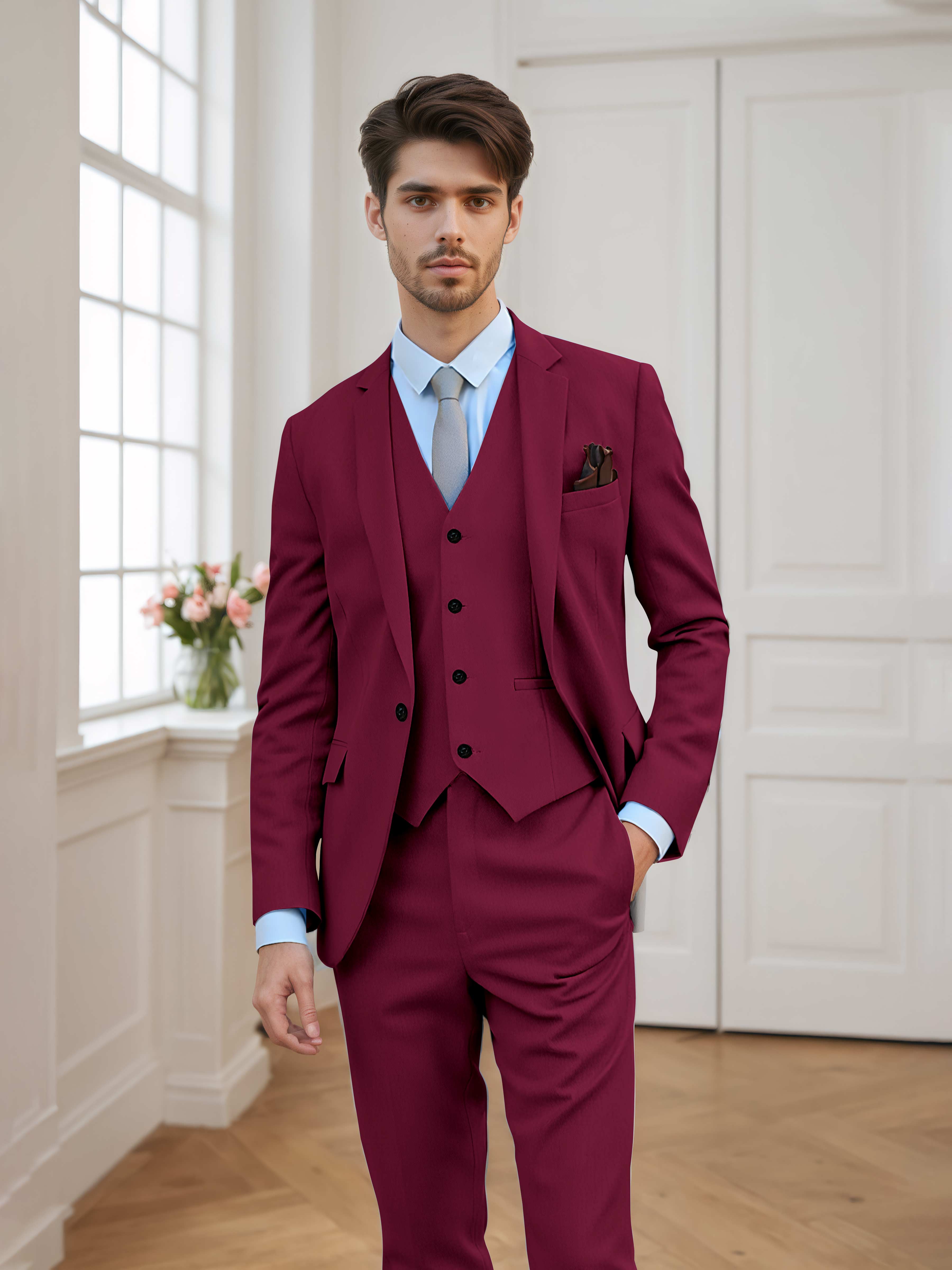 Chic Men's Tailored Fit One Button 3 Pieces Formal Suits UK