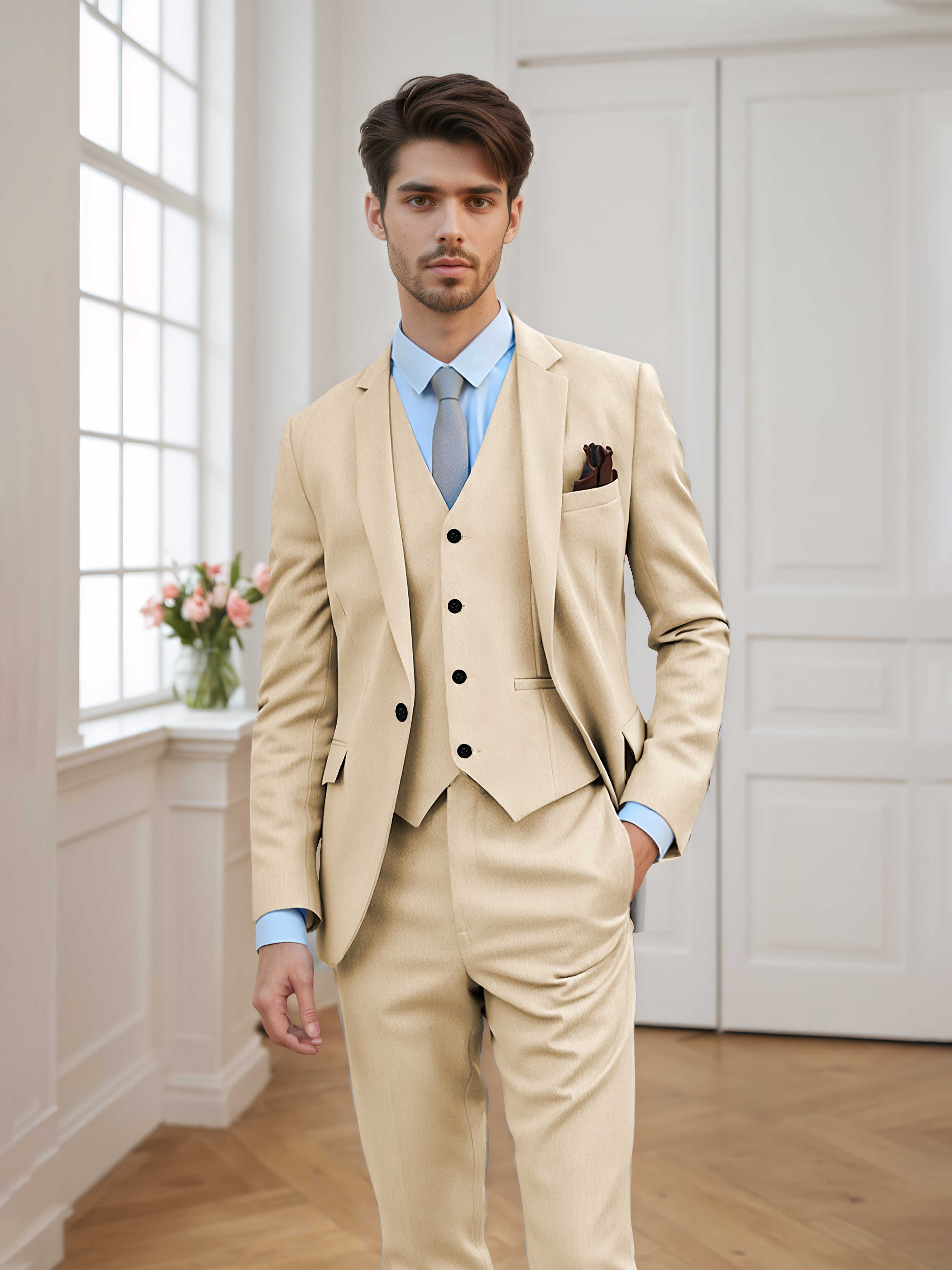 Chic Men's Tailored Fit One Button 3 Pieces Formal Suits UK