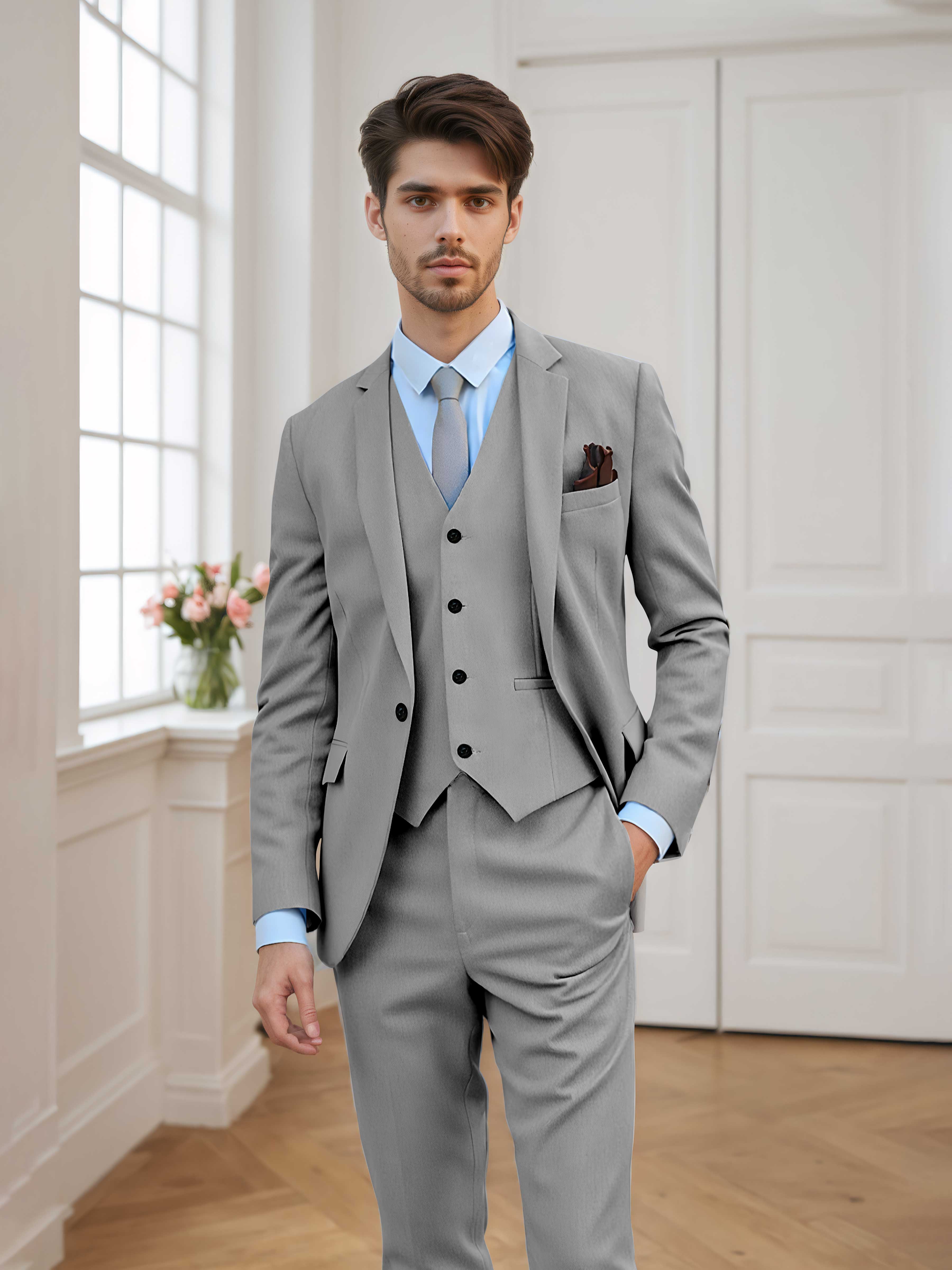Chic Men's Tailored Fit One Button 3 Pieces Formal Suits UK