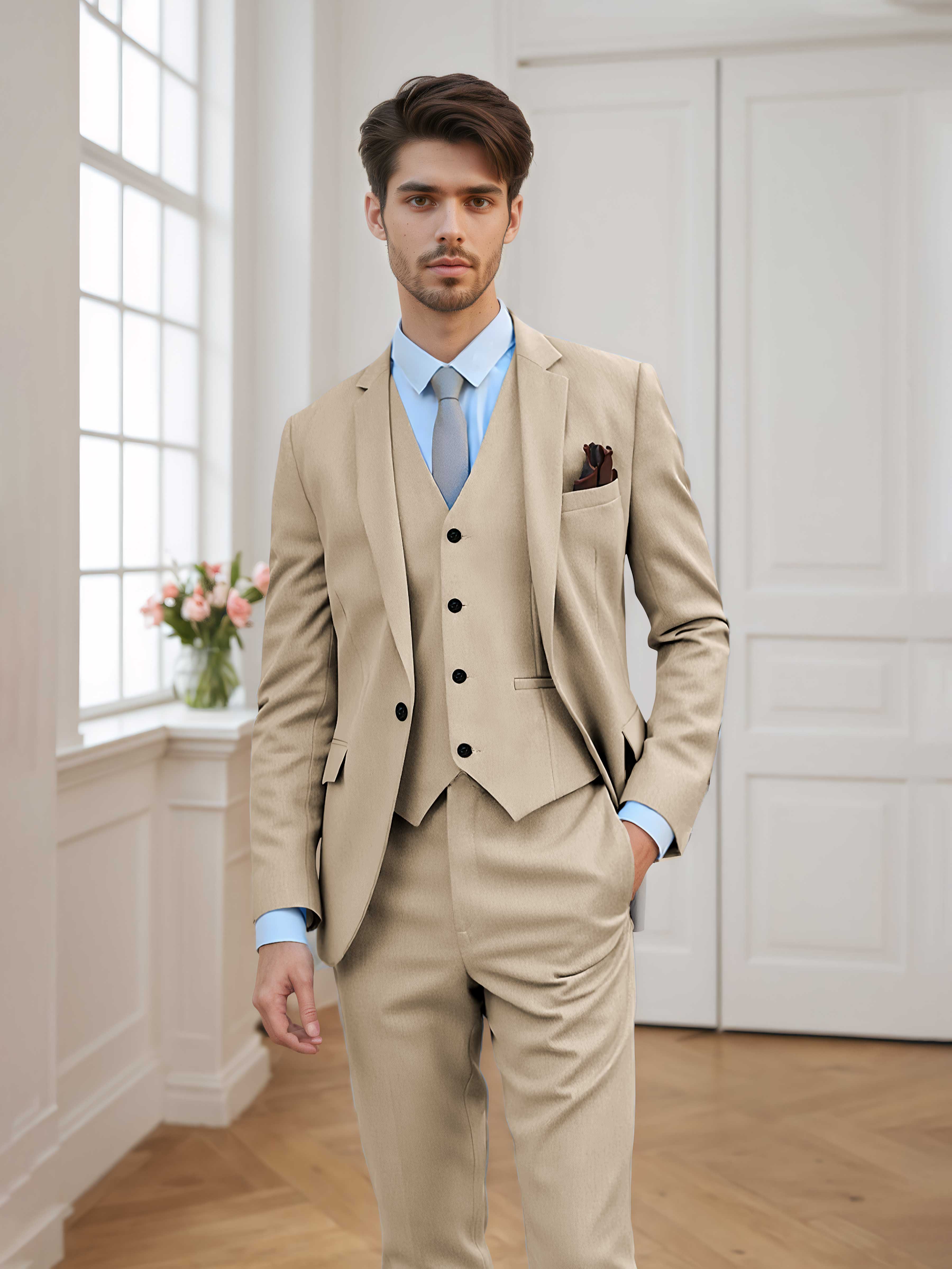 Chic Men's Tailored Fit One Button 3 Pieces Formal Suits UK