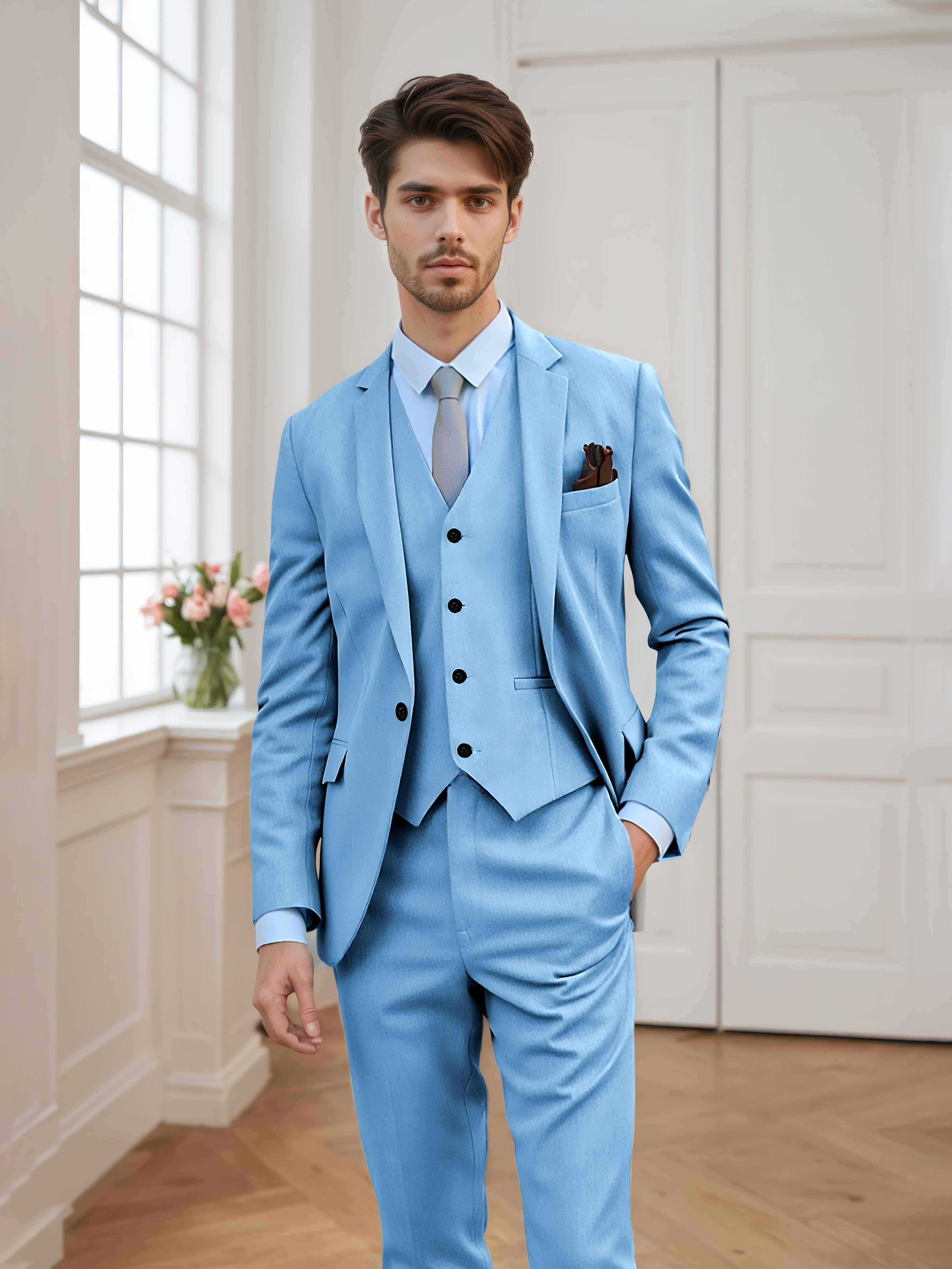 Chic Men's Tailored Fit One Button 3 Pieces Formal Suits UK