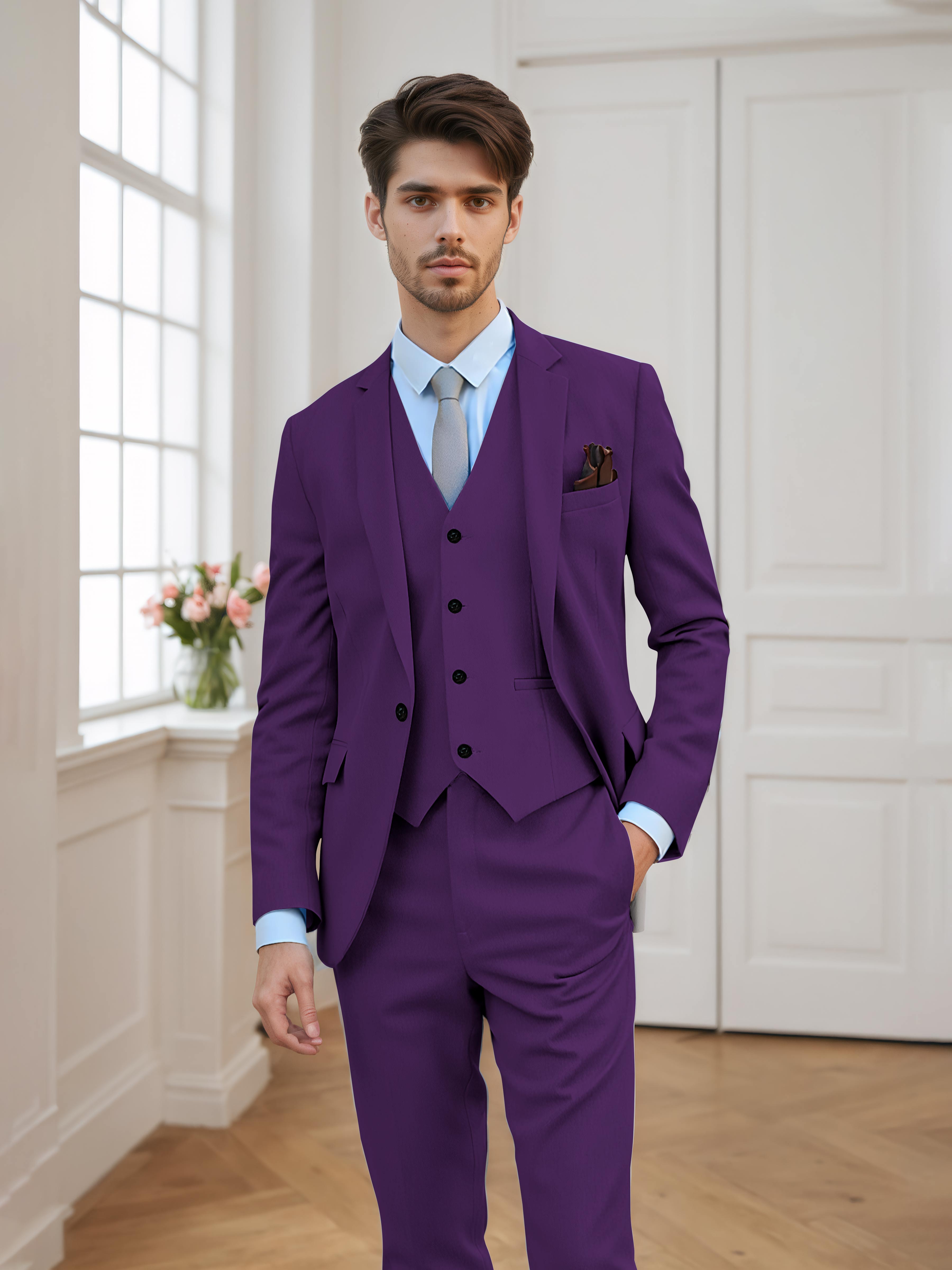 Chic Men's Tailored Fit One Button 3 Pieces Formal Suits UK