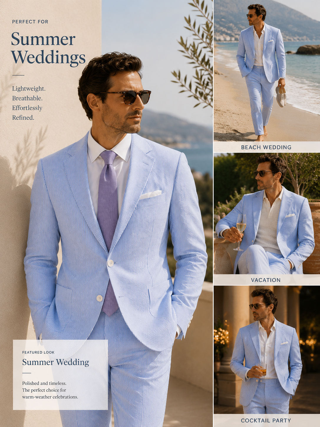 Chic 2 Pieces Men's Regular Fit Striped Seersucker Suit for Summer Wedding & Vacation UK