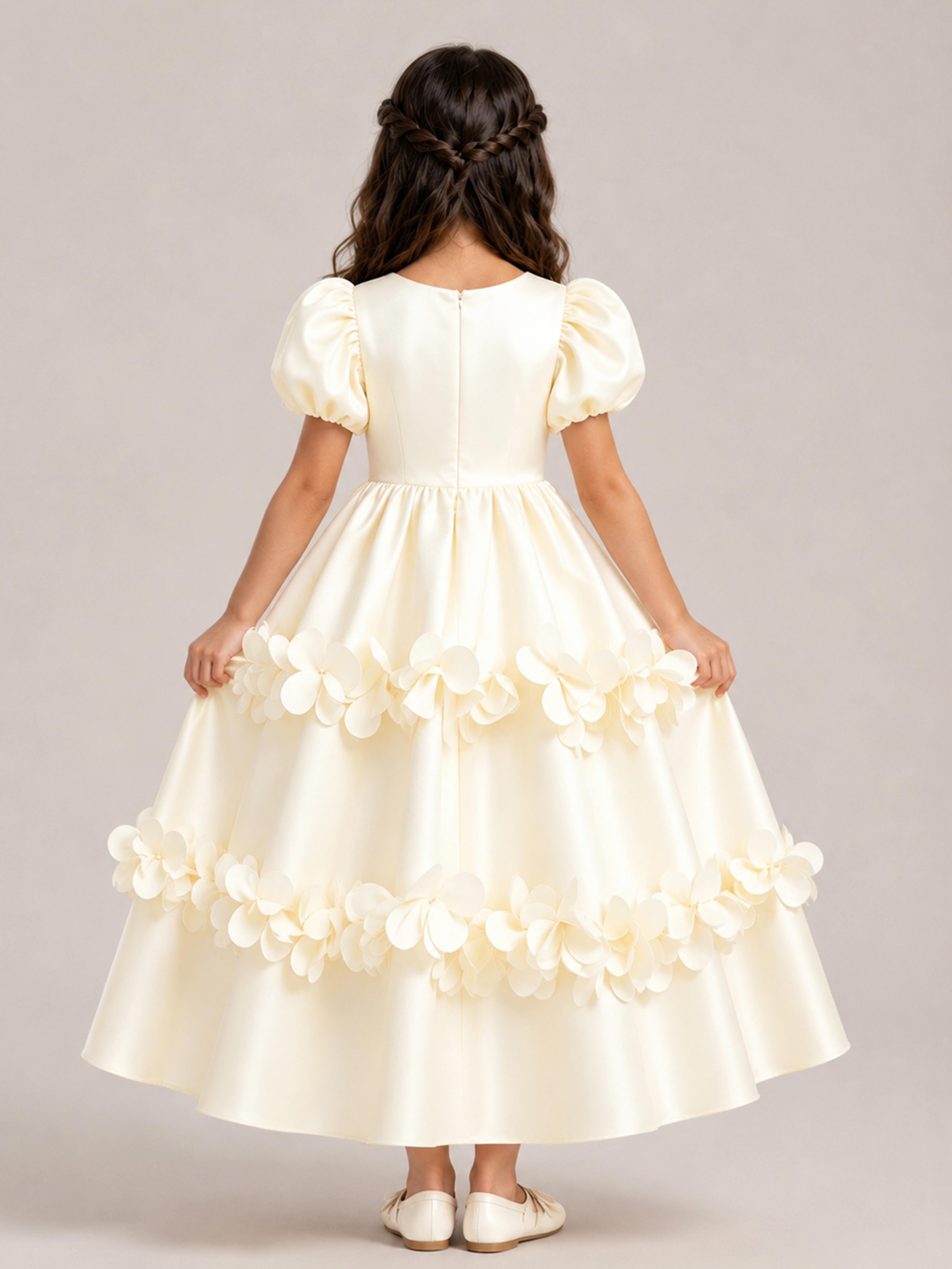 Lovely A-Line Puff Sleeve Floral Satin Flower Girl Dresses UK