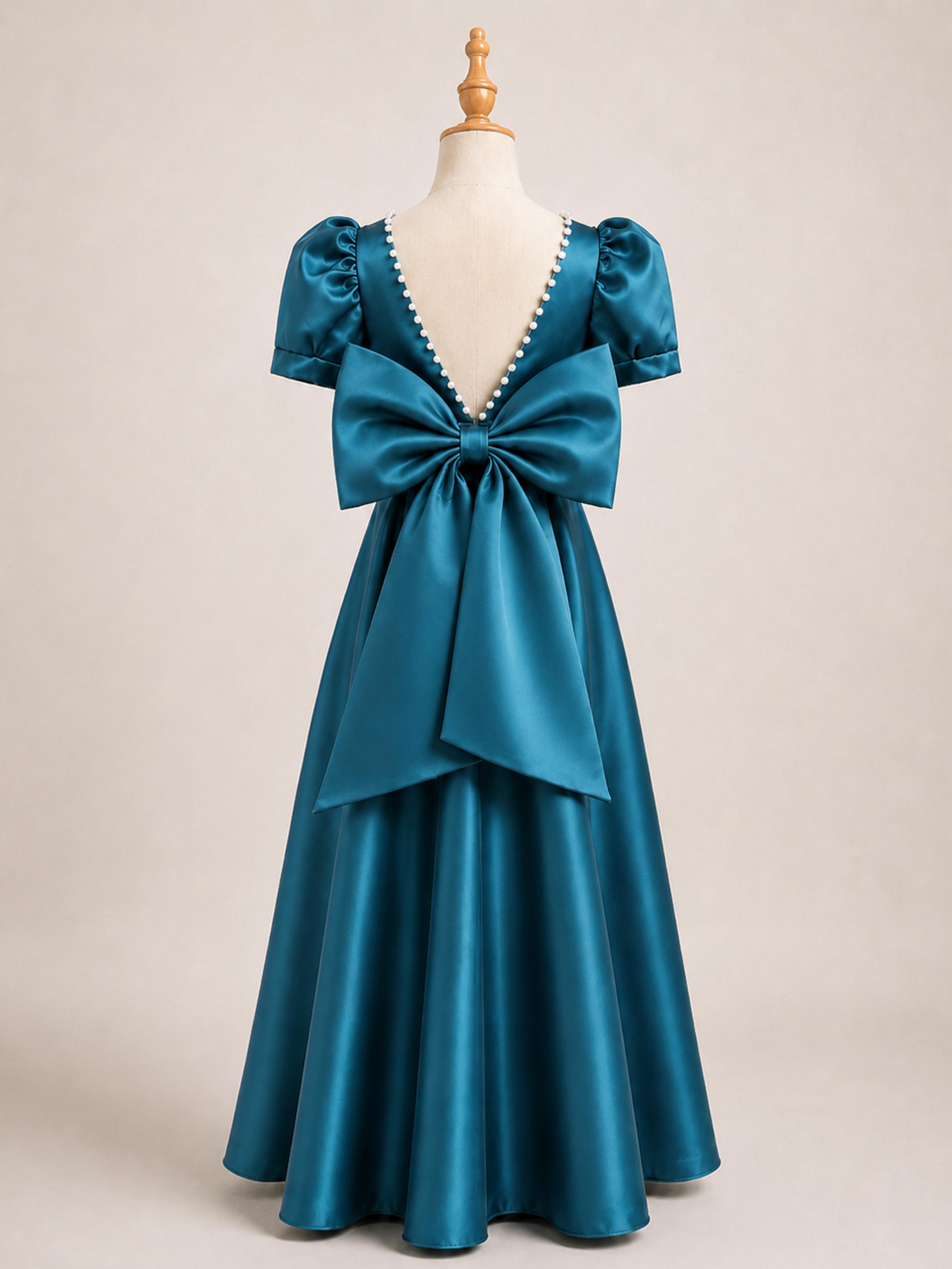 Elegant A-Line Puff Sleeve Satin Girl Dresses UK