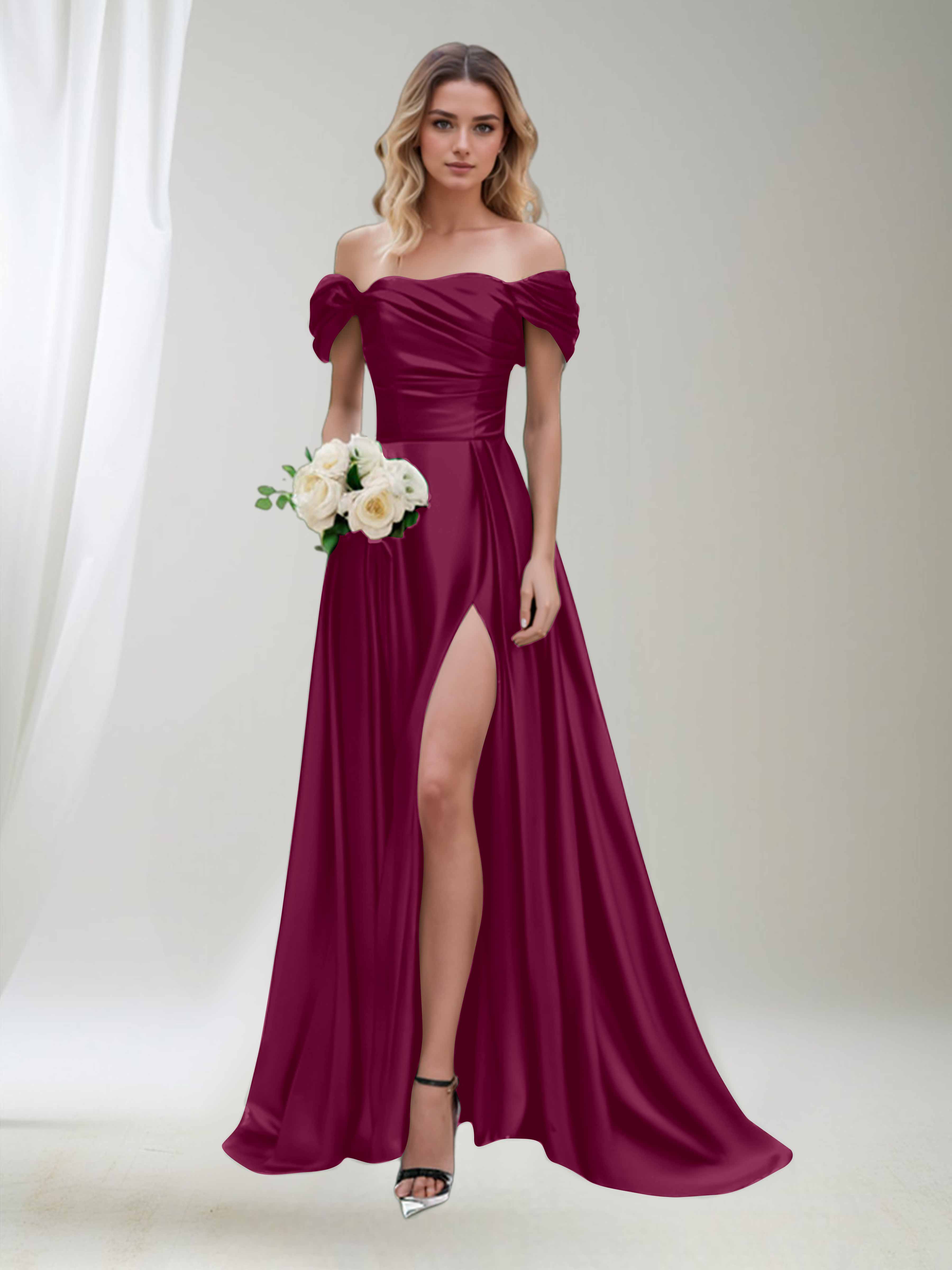 Phoebe Captivating Off the Shoulder Ruched Satin Formal Party Dresses