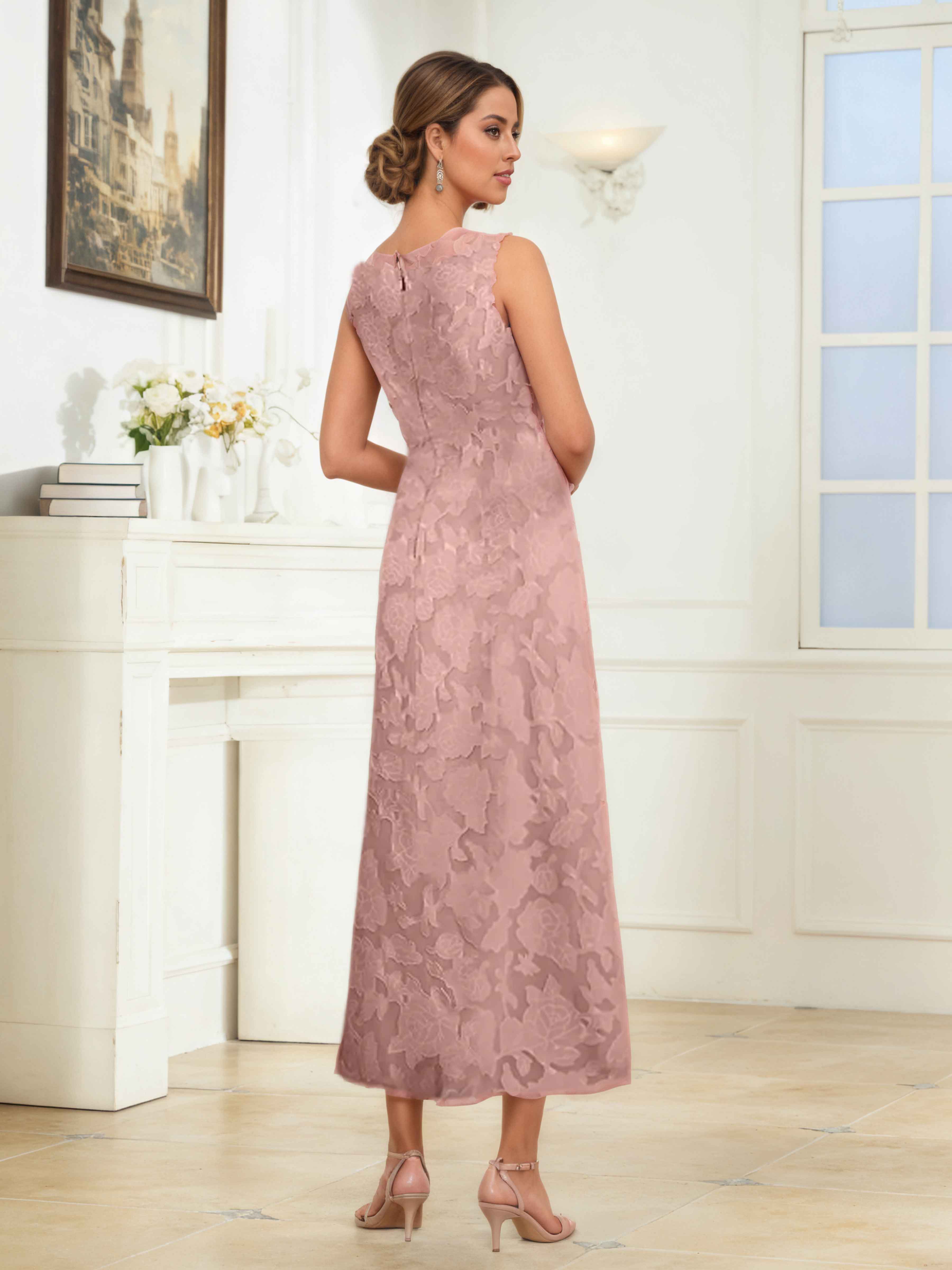 Cynthia Trendy A-Line Scoop Jacquard Midi Mother of the Bride Dresses UK