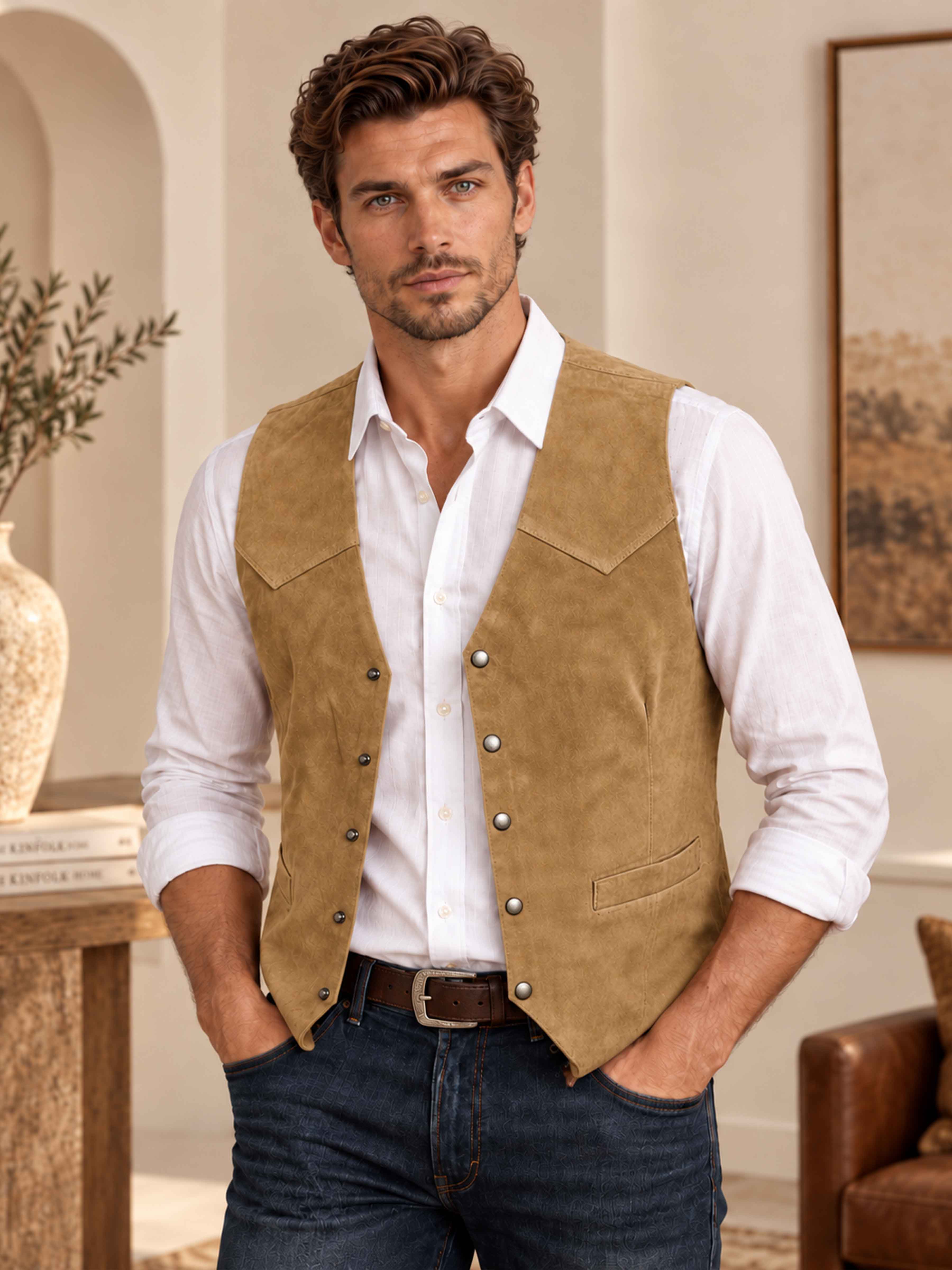 Classic Suede V Neck Button Front Men's Vest UK