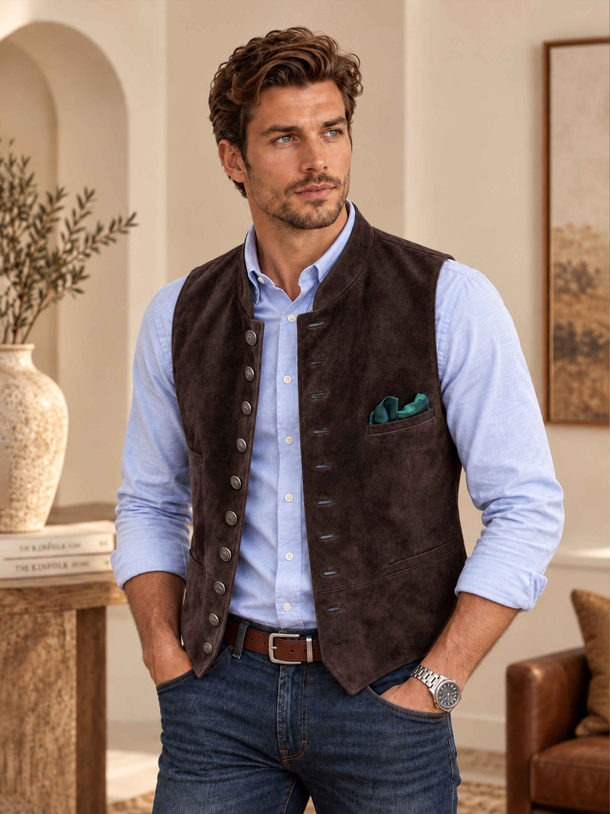 Stylish Suede Stand Collar Button Up Men's Vest UK