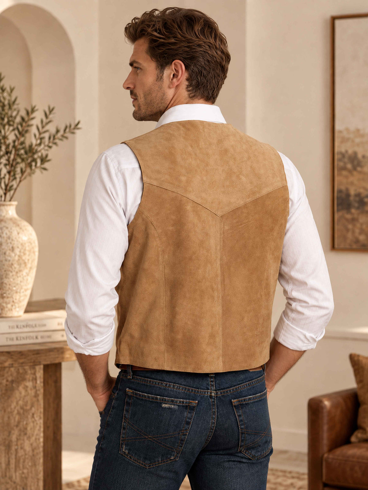 Classic Suede V Neck Button Front Men's Vest UK