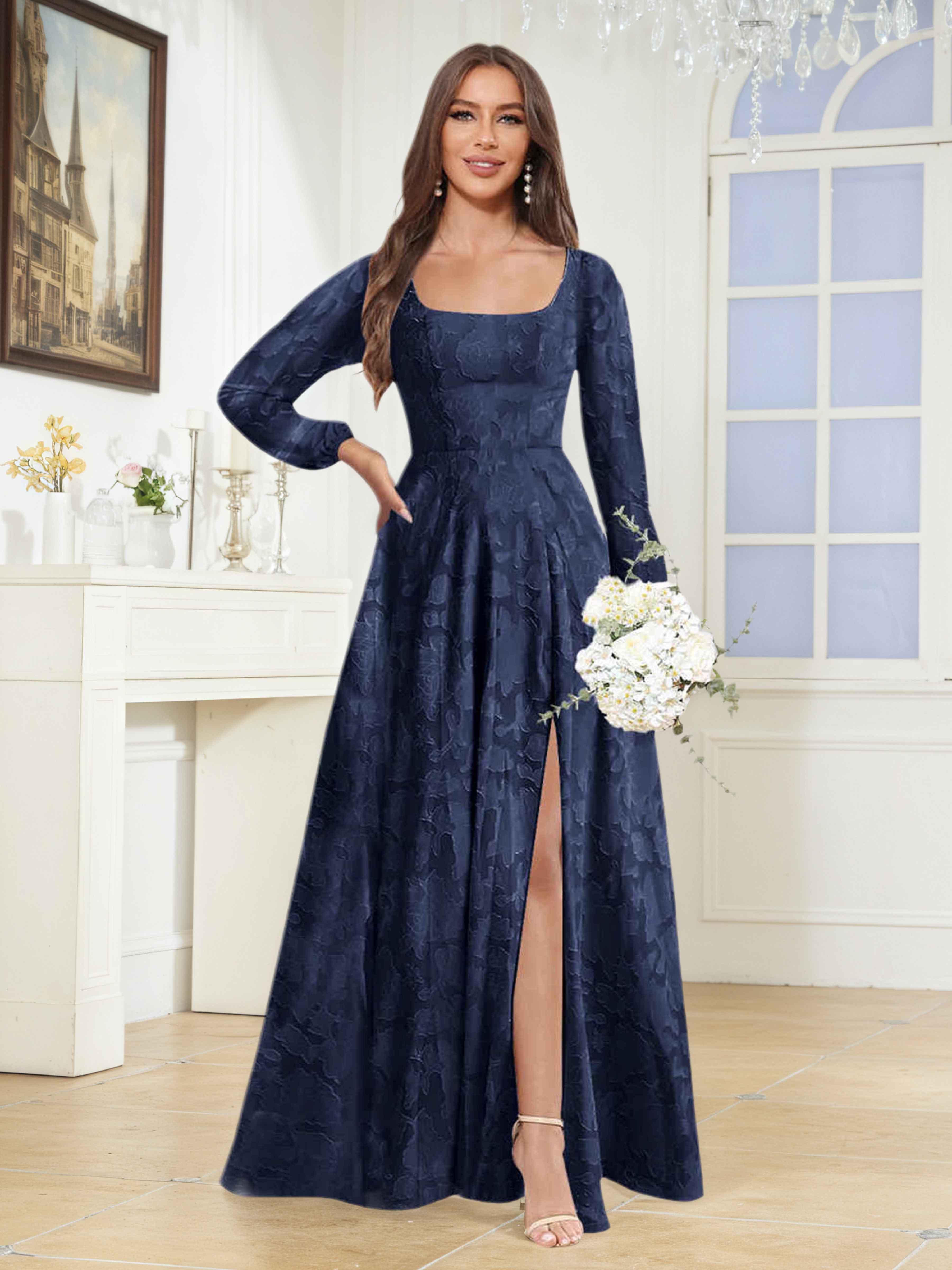 Wyneth A-Line Long Sleeves Slit Long Jacquard Mother of the Bride Dres