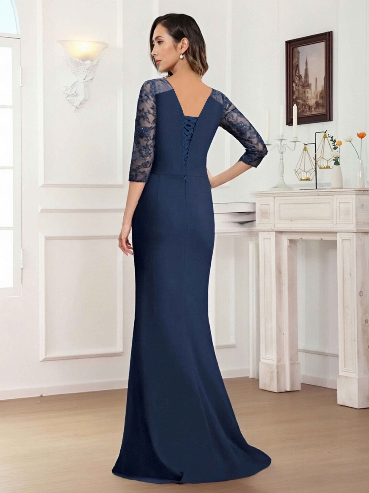 Traelwyn Elegant Scoop 3/4 Sleeves Sequins Lace Long Chiffon Mother of the Bride Dresses UK