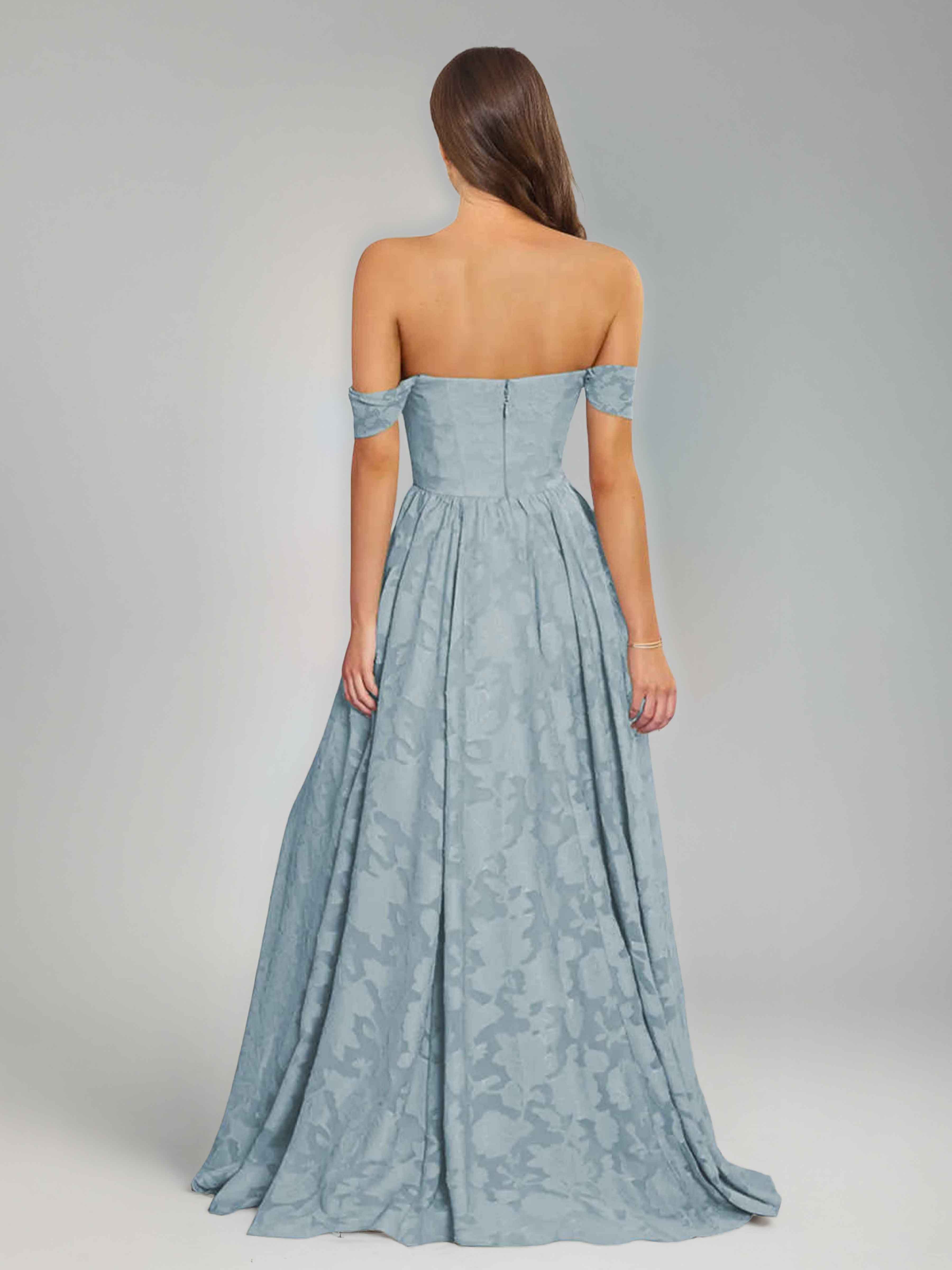 Praelithra Enchanting Off the Shoulder Ruched Long Jacquard Bridesmaid Dresses