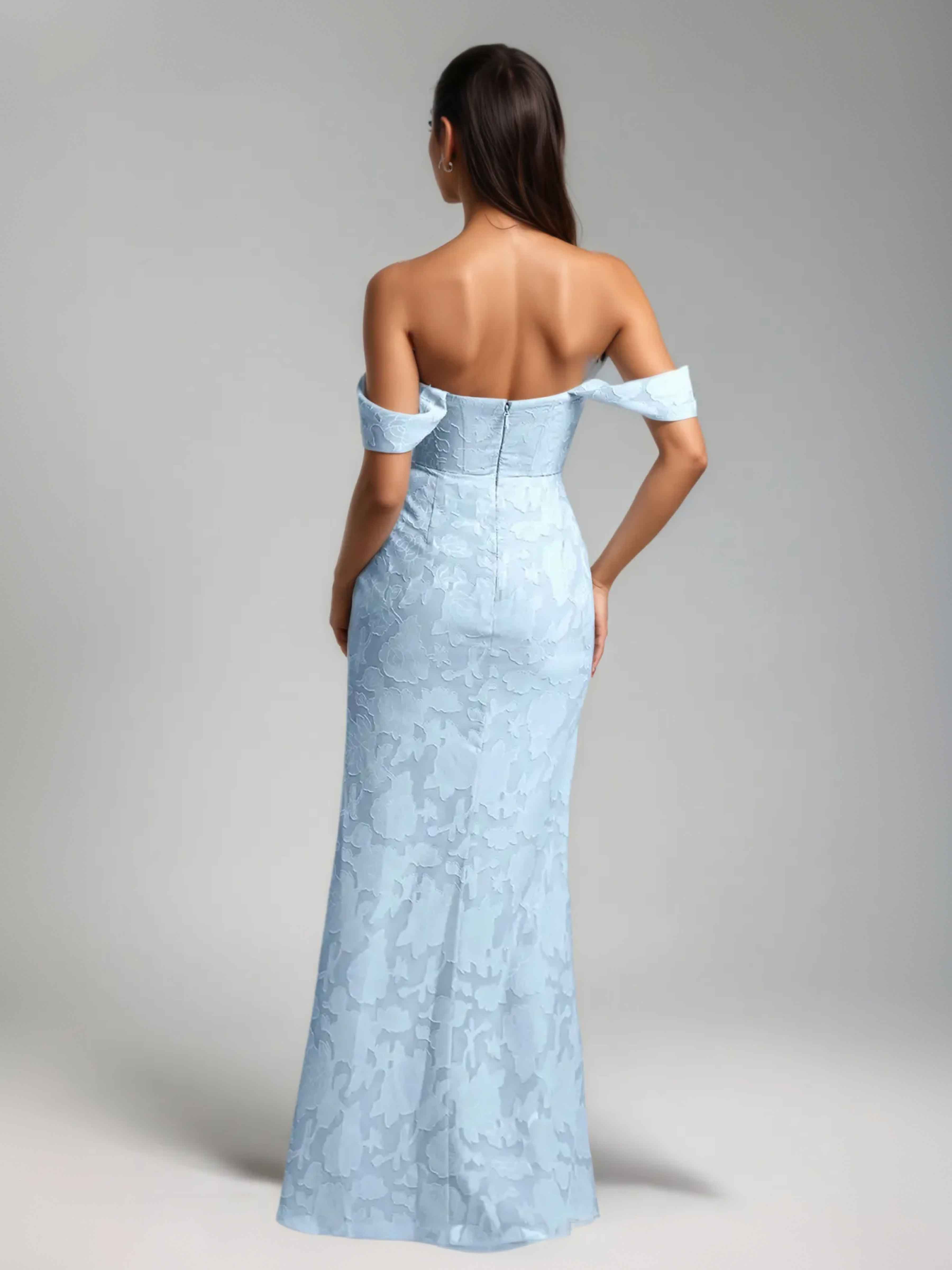 Graelindra Gorgeous Sheath Off the Shoulder Pleated Long Floral Burnout Formal Dresses