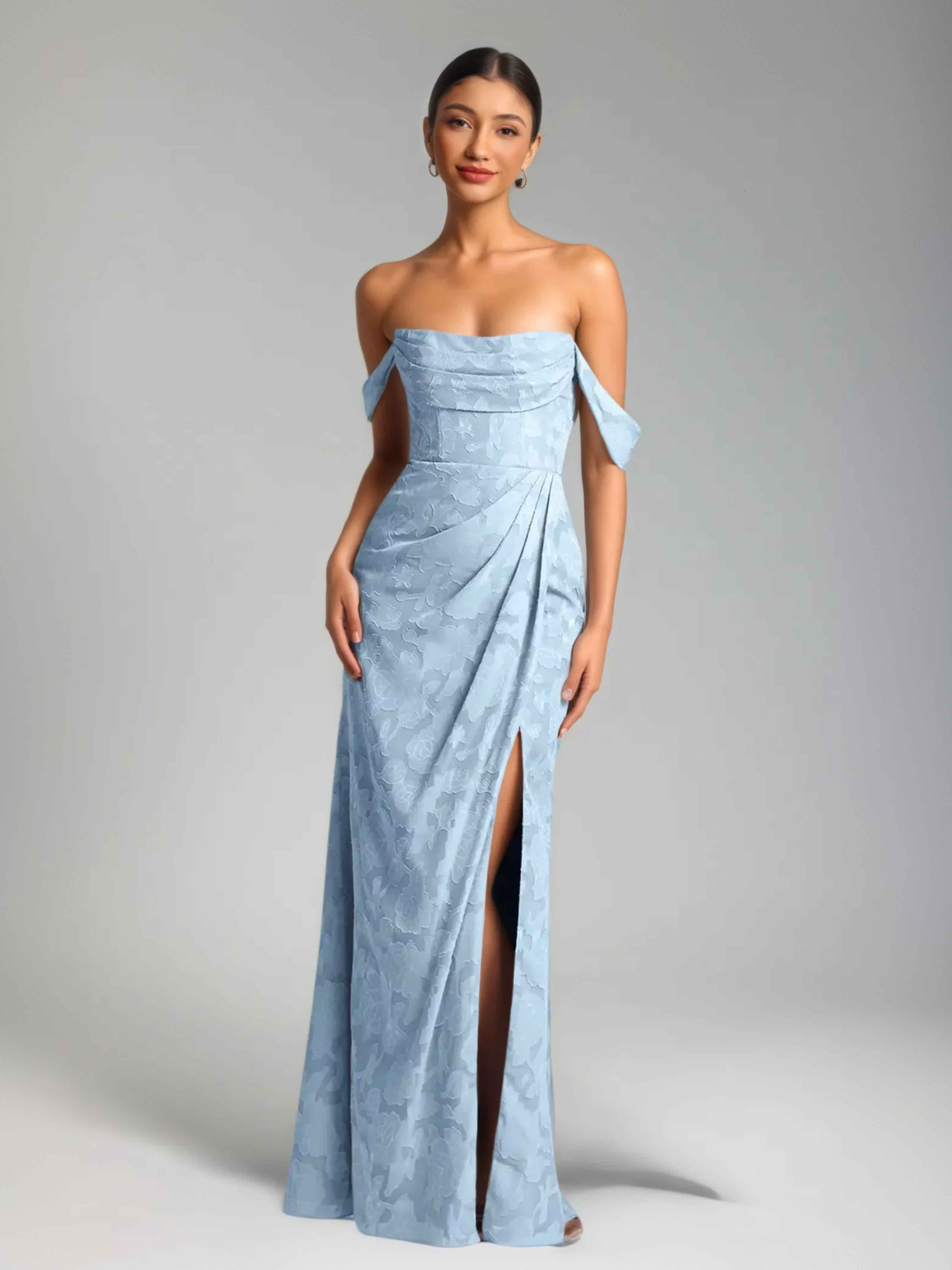 Graelindra Gorgeous Sheath Off the Shoulder Pleated Long Floral Burnout Formal Dresses