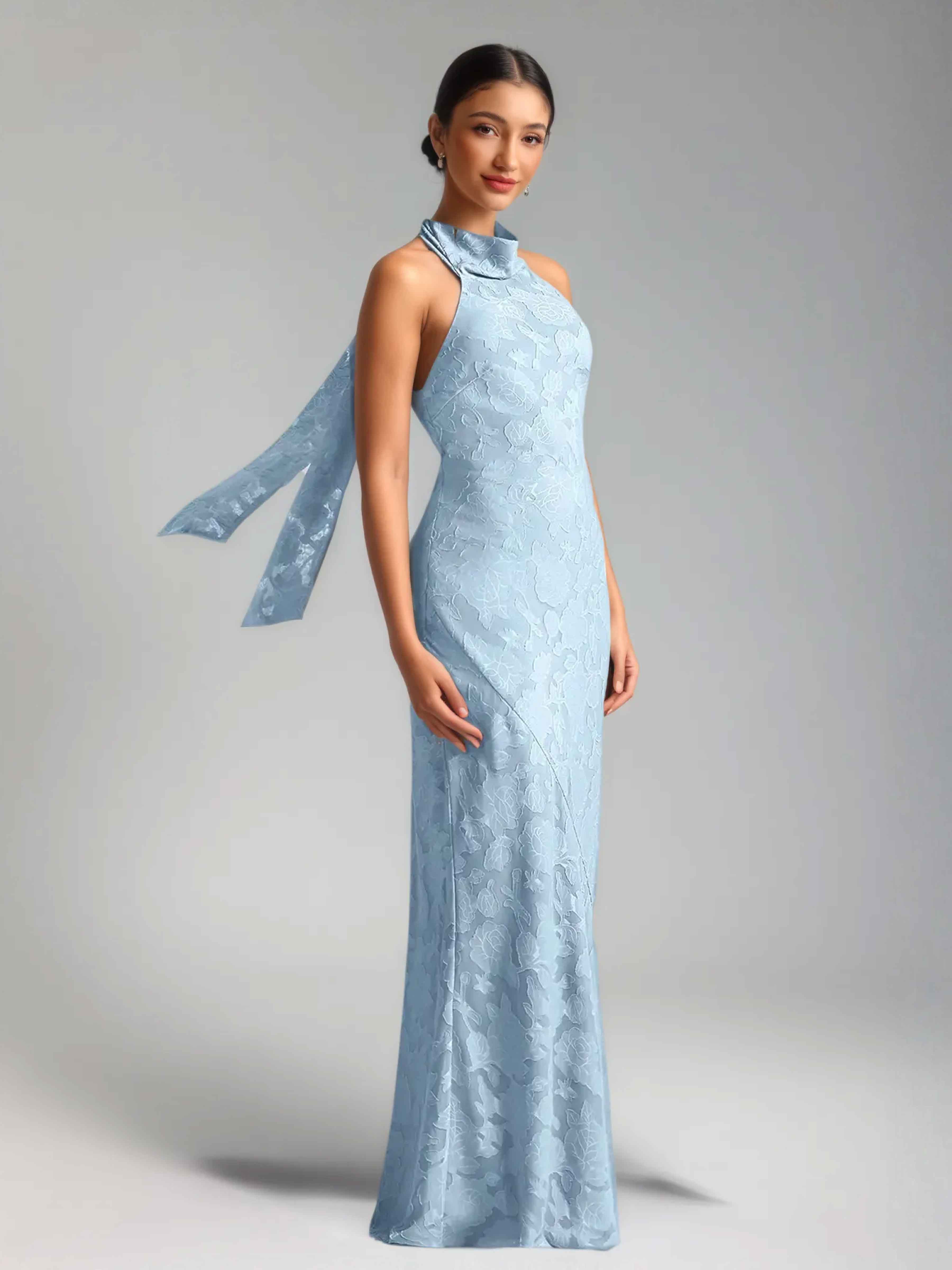 Helyndara Unique Halter Sleeveless Sheath Long Floral Burnout Formal Dresses