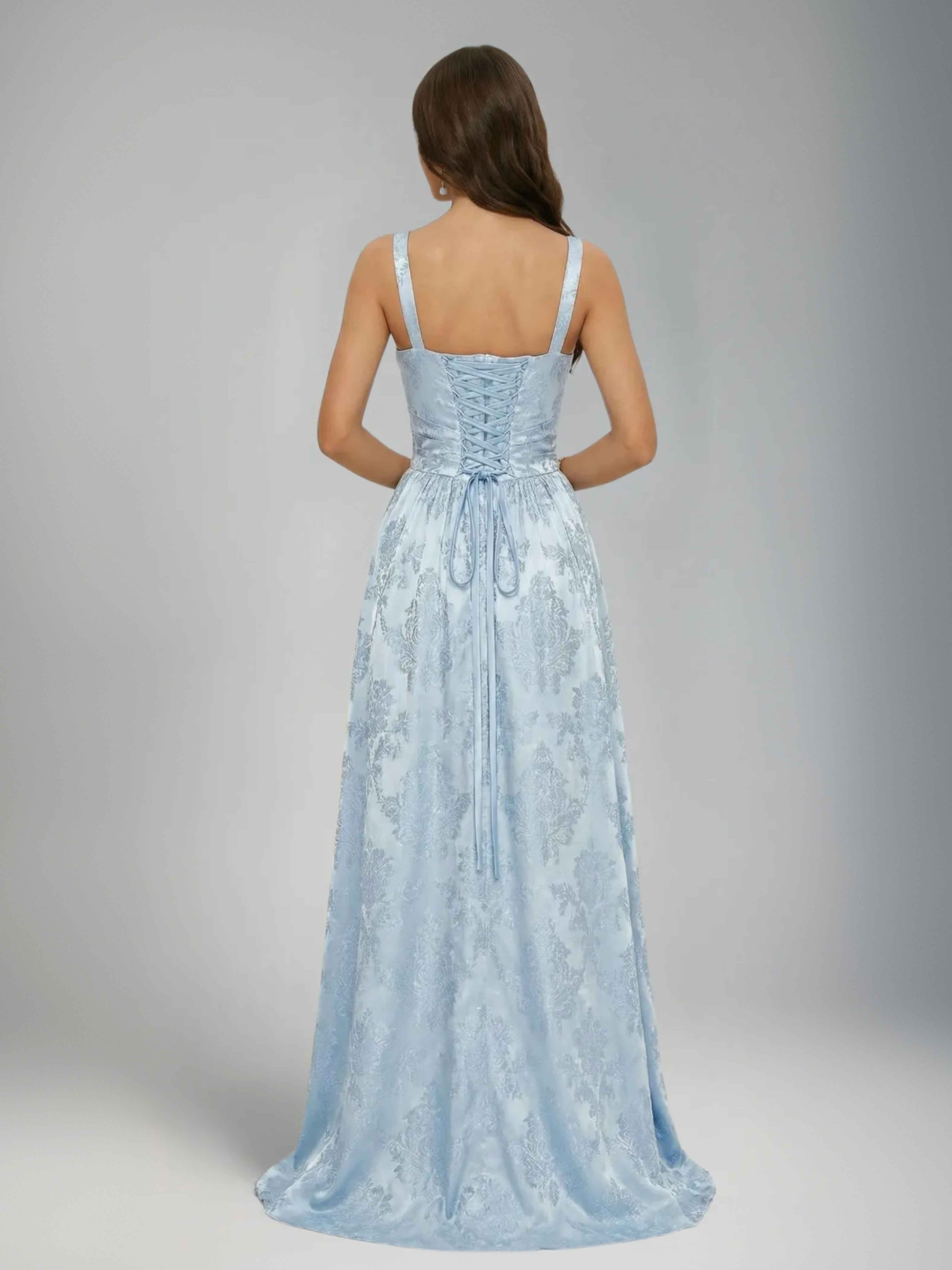 Jaelindra Glamorous A-Line Spaghetti Straps Ruched Slit Long Jacquard Party Dresses