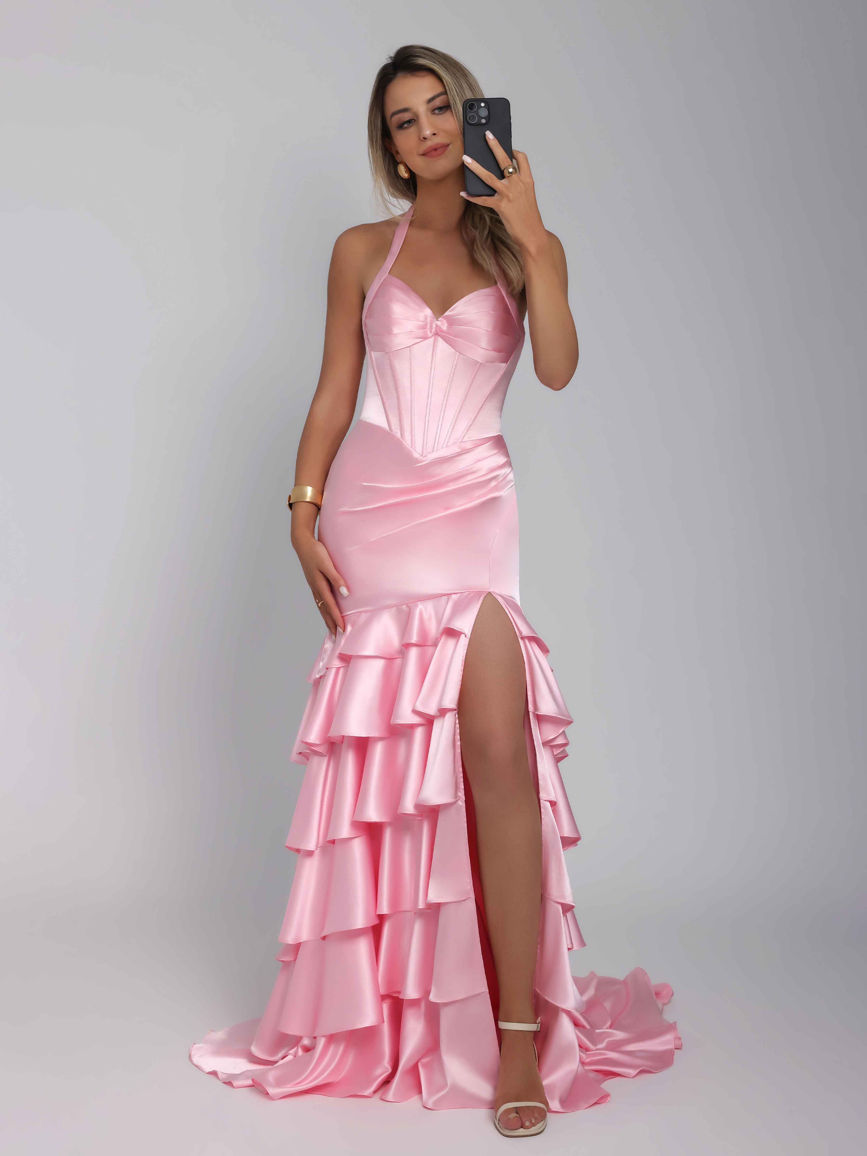 Kaelindra Gorgeous Mermaid Halter Tiered Sweep Train Satin Party Dresses