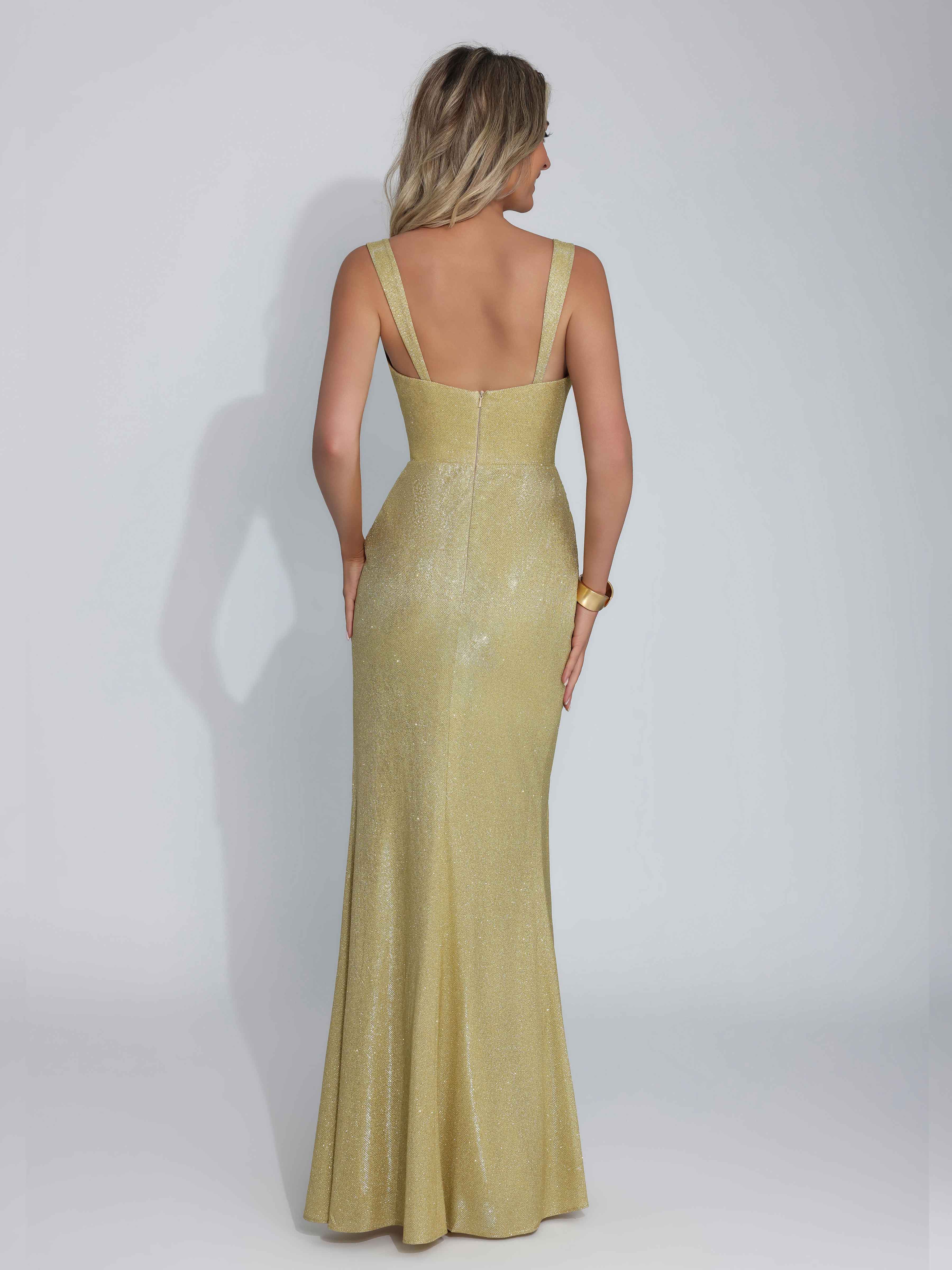 Mraelindra Charming Spaghetti Straps Sheath Pleated Slit Floor Length Glitter Party Dresses