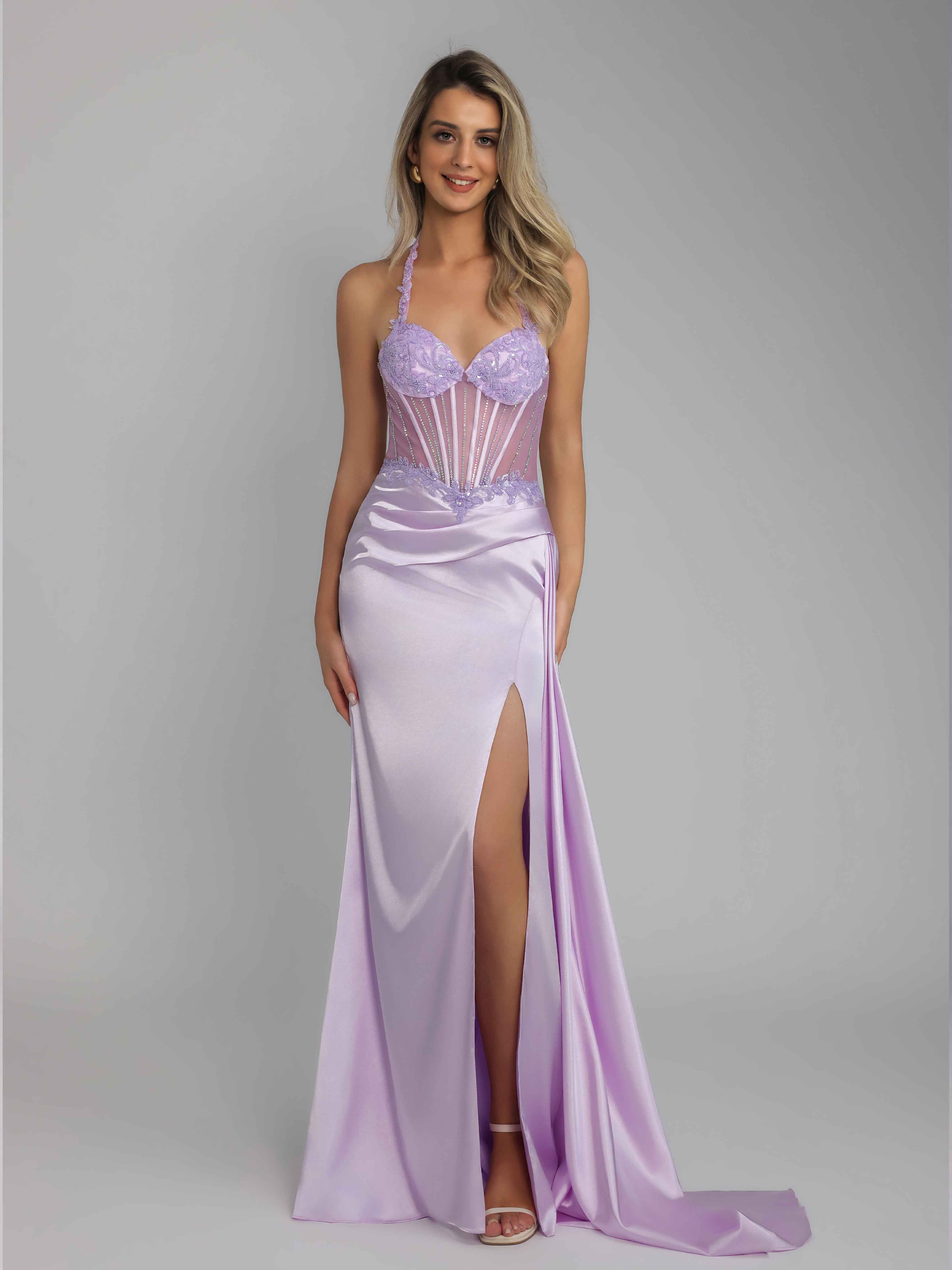 Oraelindra Stunning Mermaid Halter Beading Sequins Long Satin Party Dresses