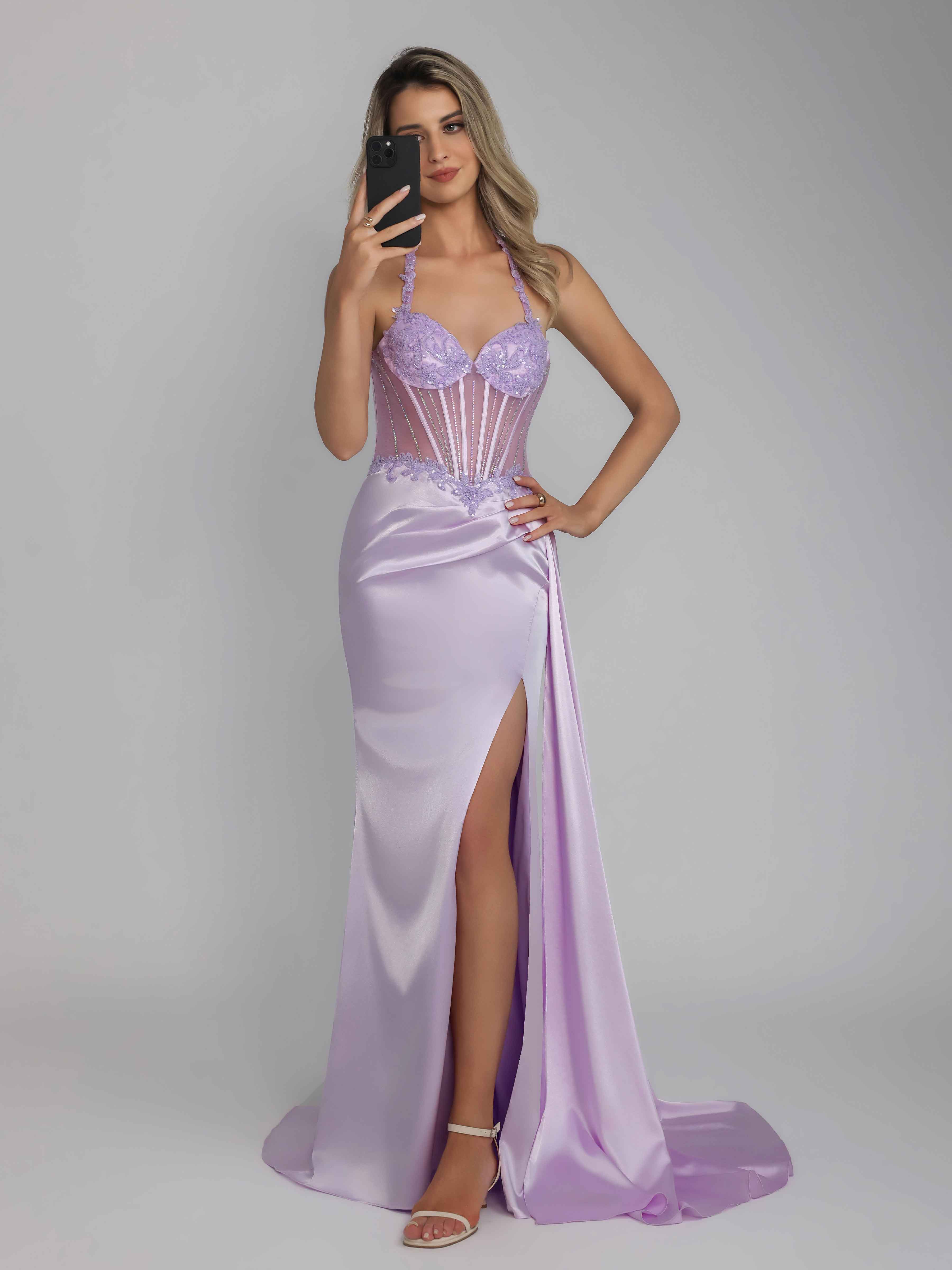 Oraelindra Stunning Mermaid Halter Beading Sequins Long Satin Party Dresses