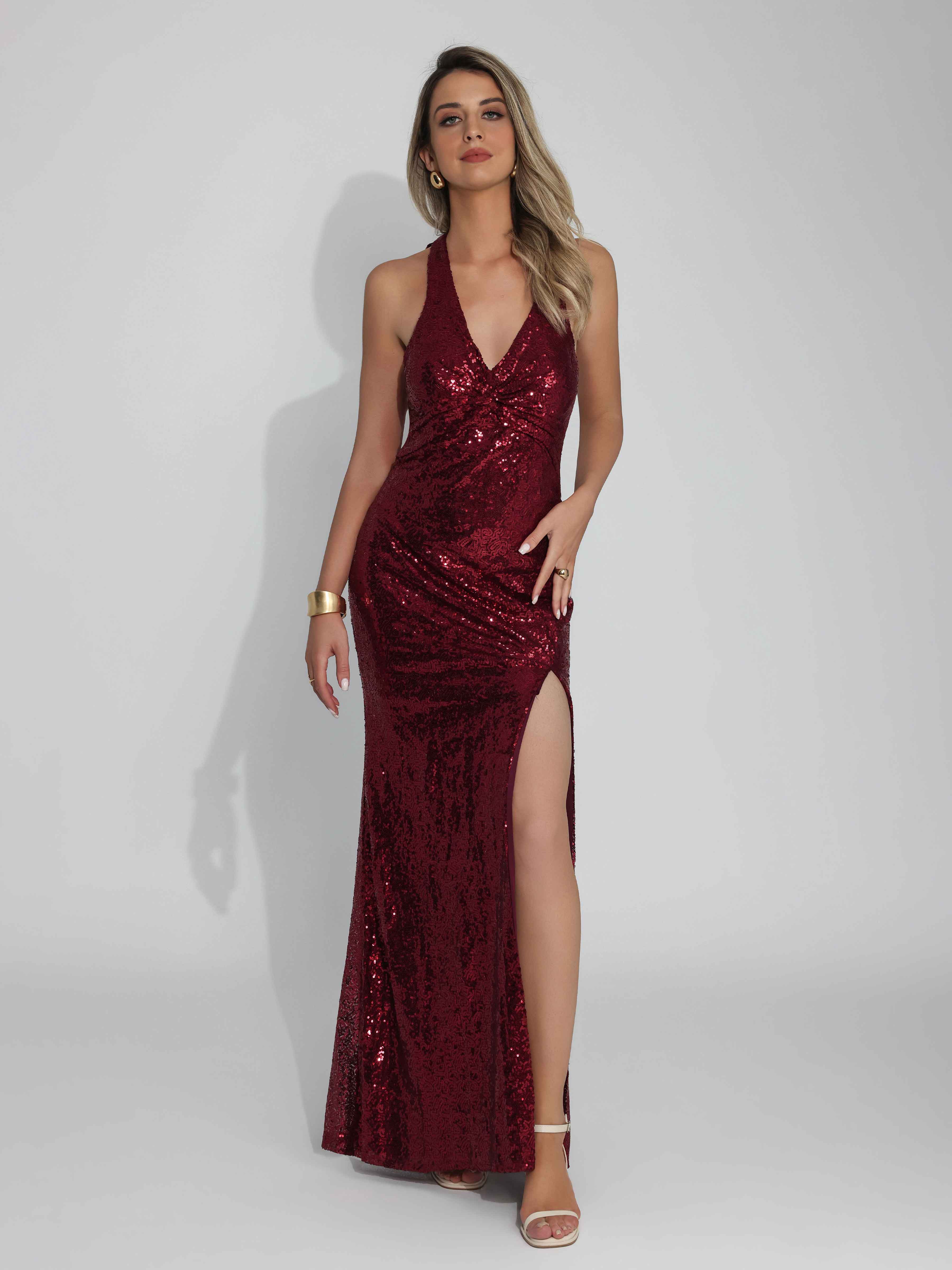 Qaelindra Chic Sheath Halter V Neck Slit Long Sequins Party Dresses