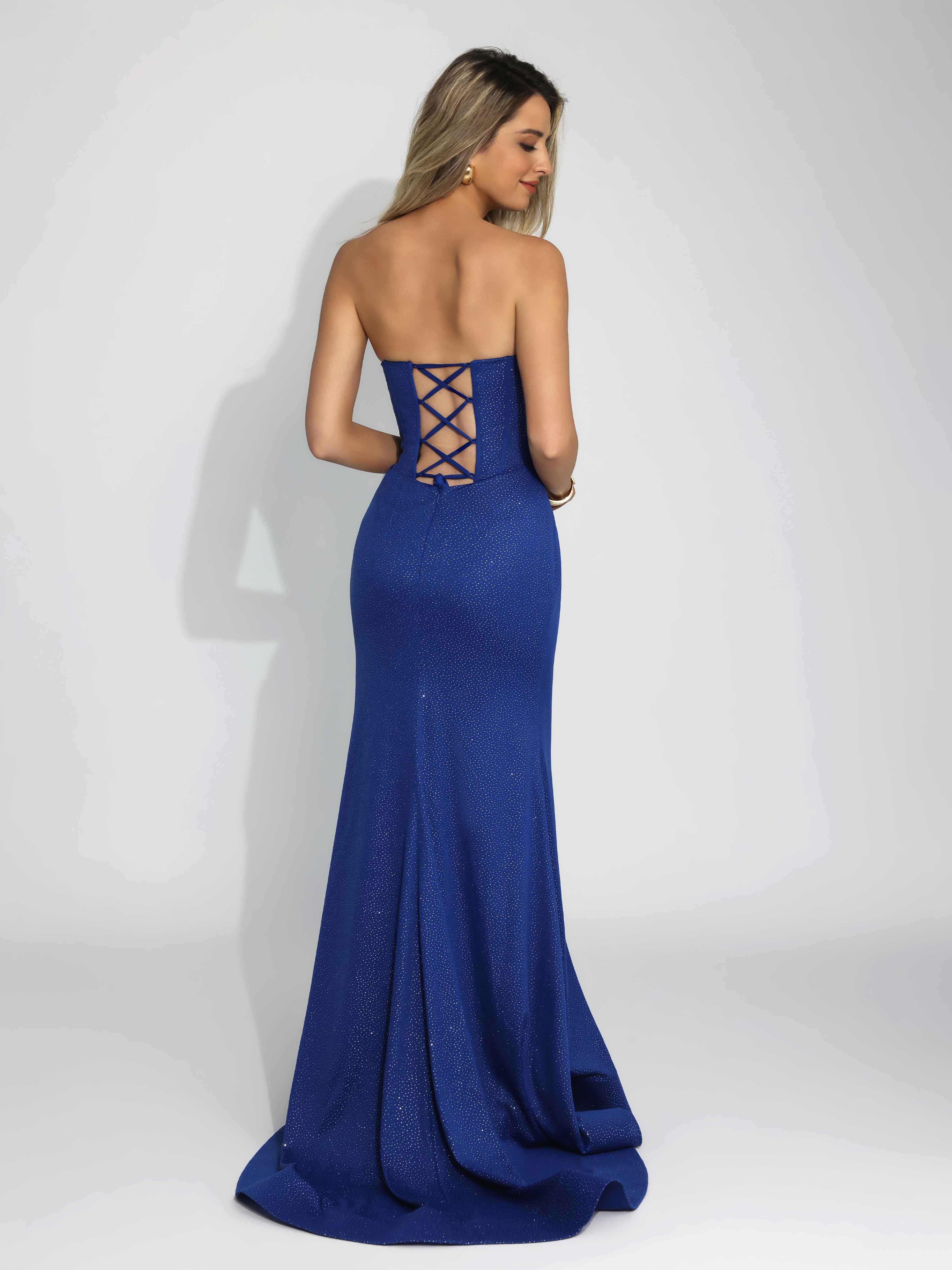 Saelindra Dazzling Strapless Pleated Slit Long Satin Prom Dresses