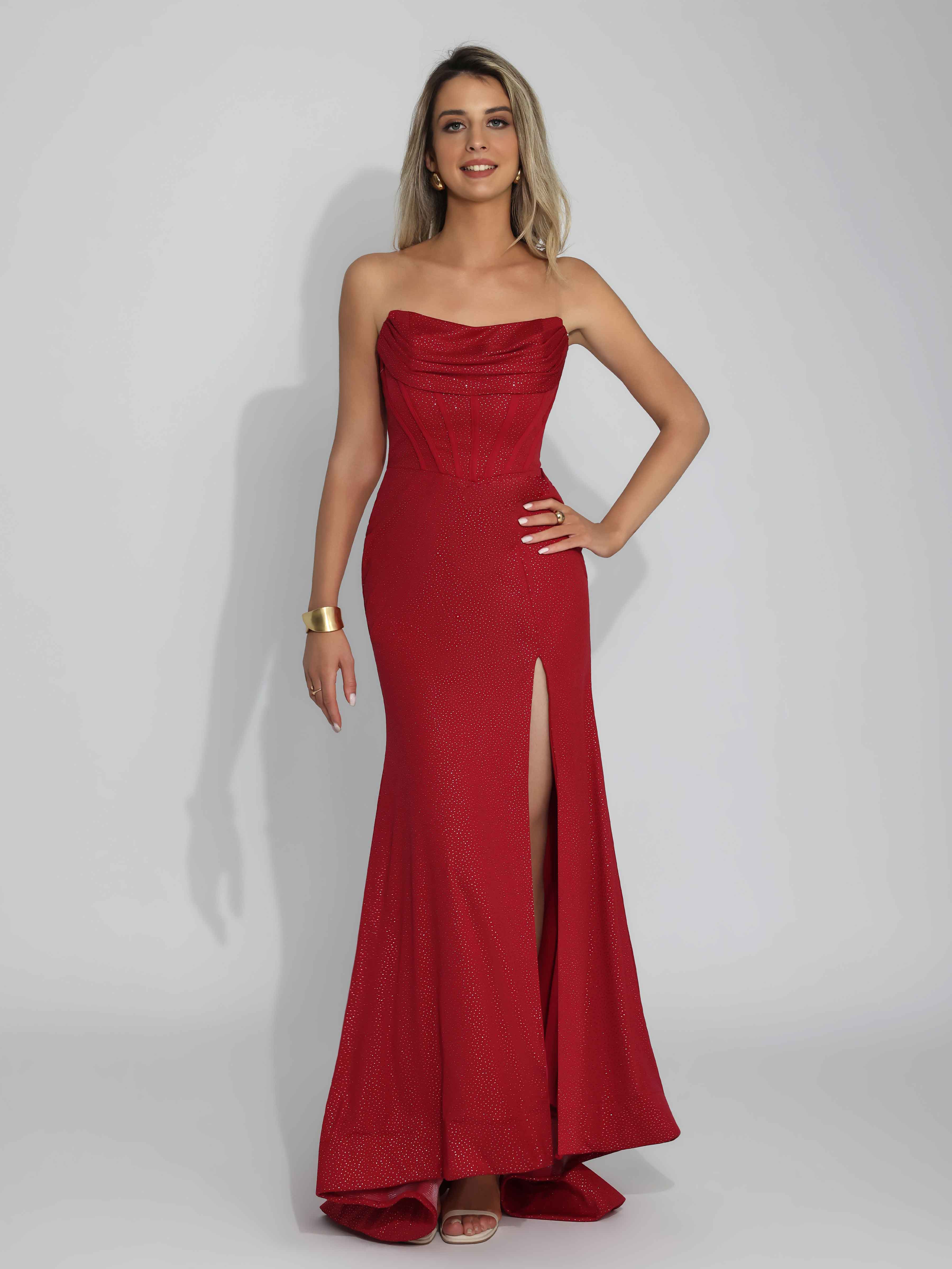 Traelindra Elegant Strapless Pleated Slit Long Satin Prom Dresses