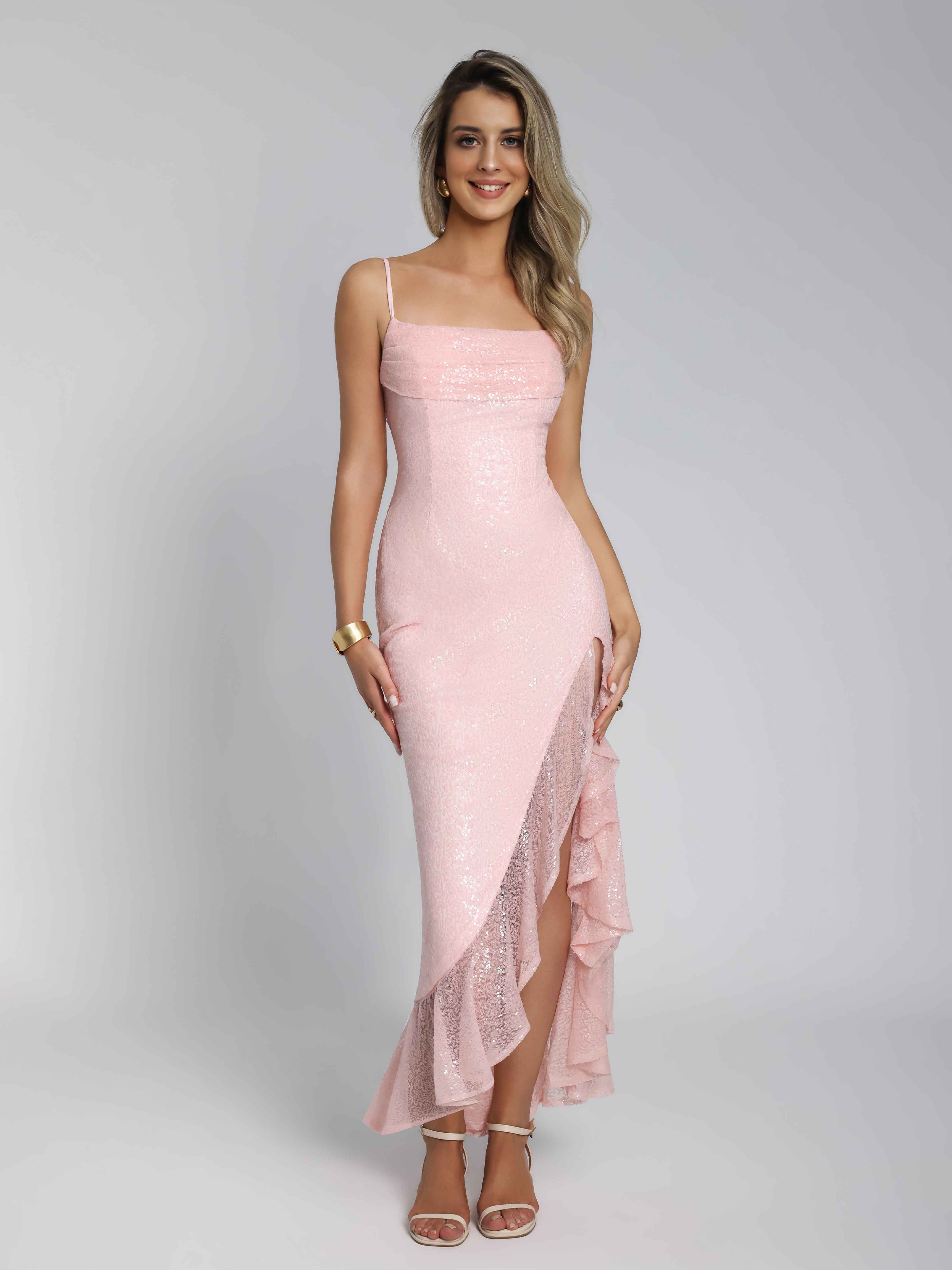 Aelithia Stunning Spaghetti Straps Pleated Slit Maxi Sequins Party Dresses