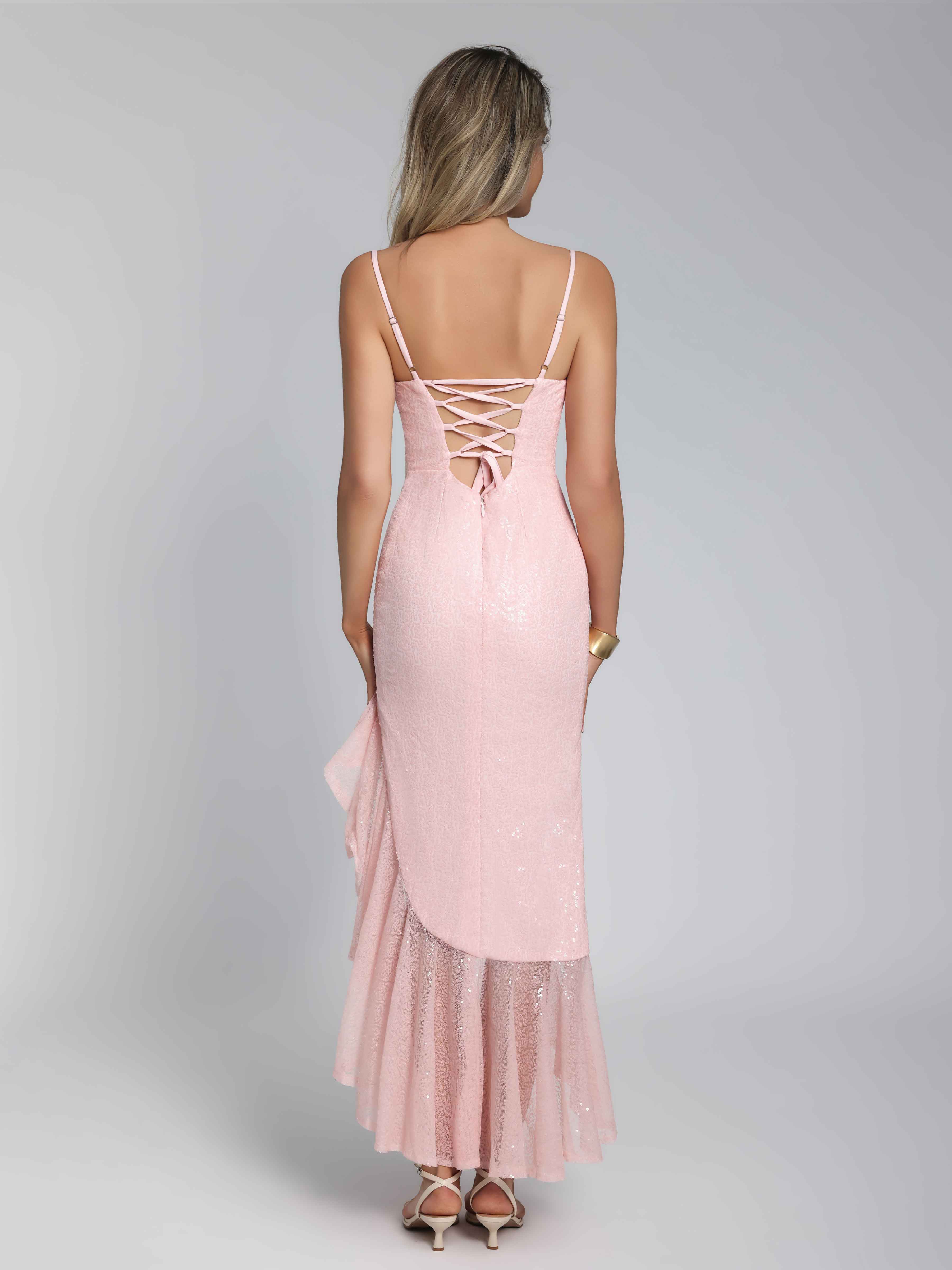 Aelithia Stunning Spaghetti Straps Pleated Slit Maxi Sequins Party Dresses