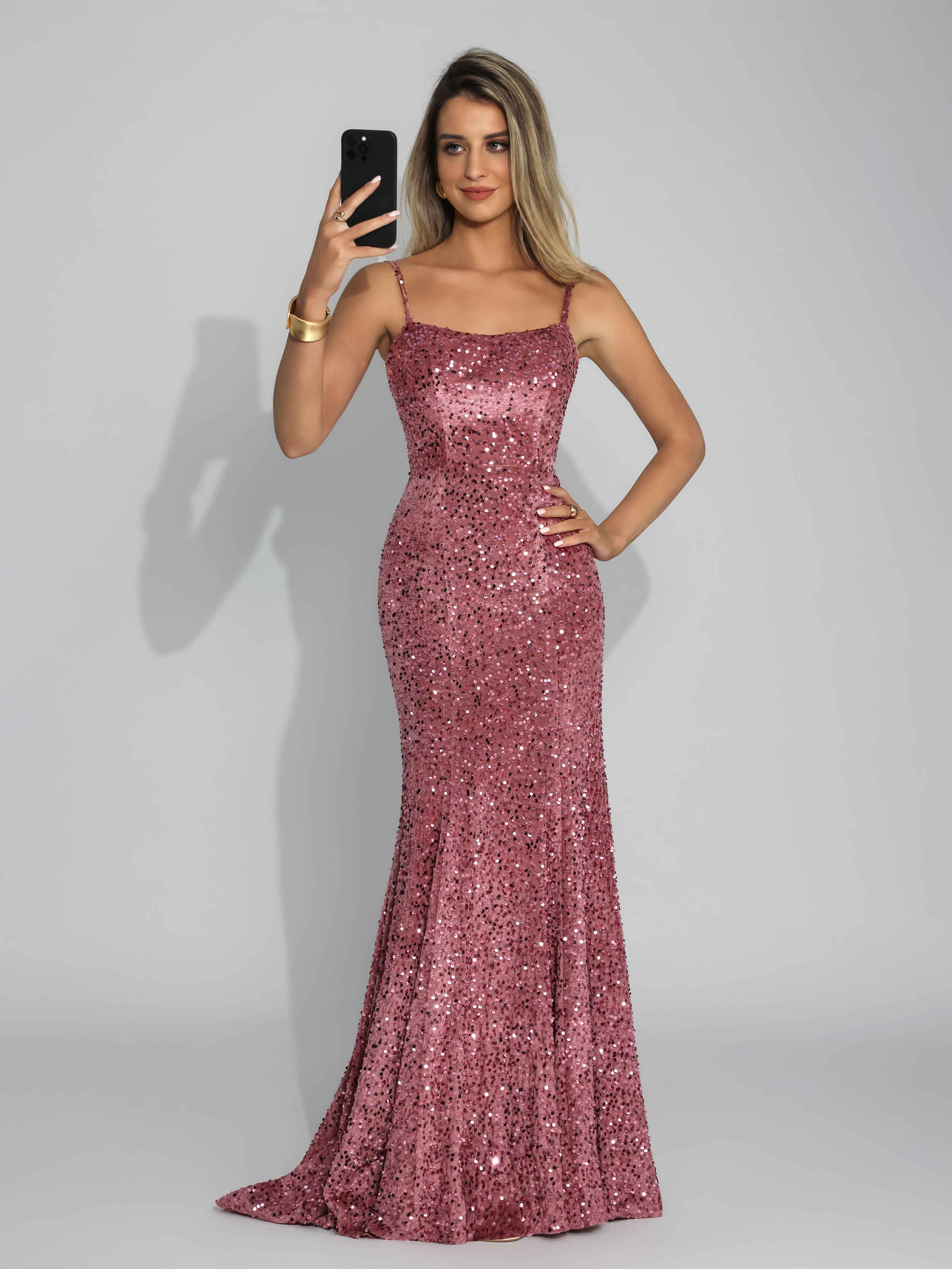 Draelithia Trendy Spaghetti Straps Velvet Sequins Long Party Dresses