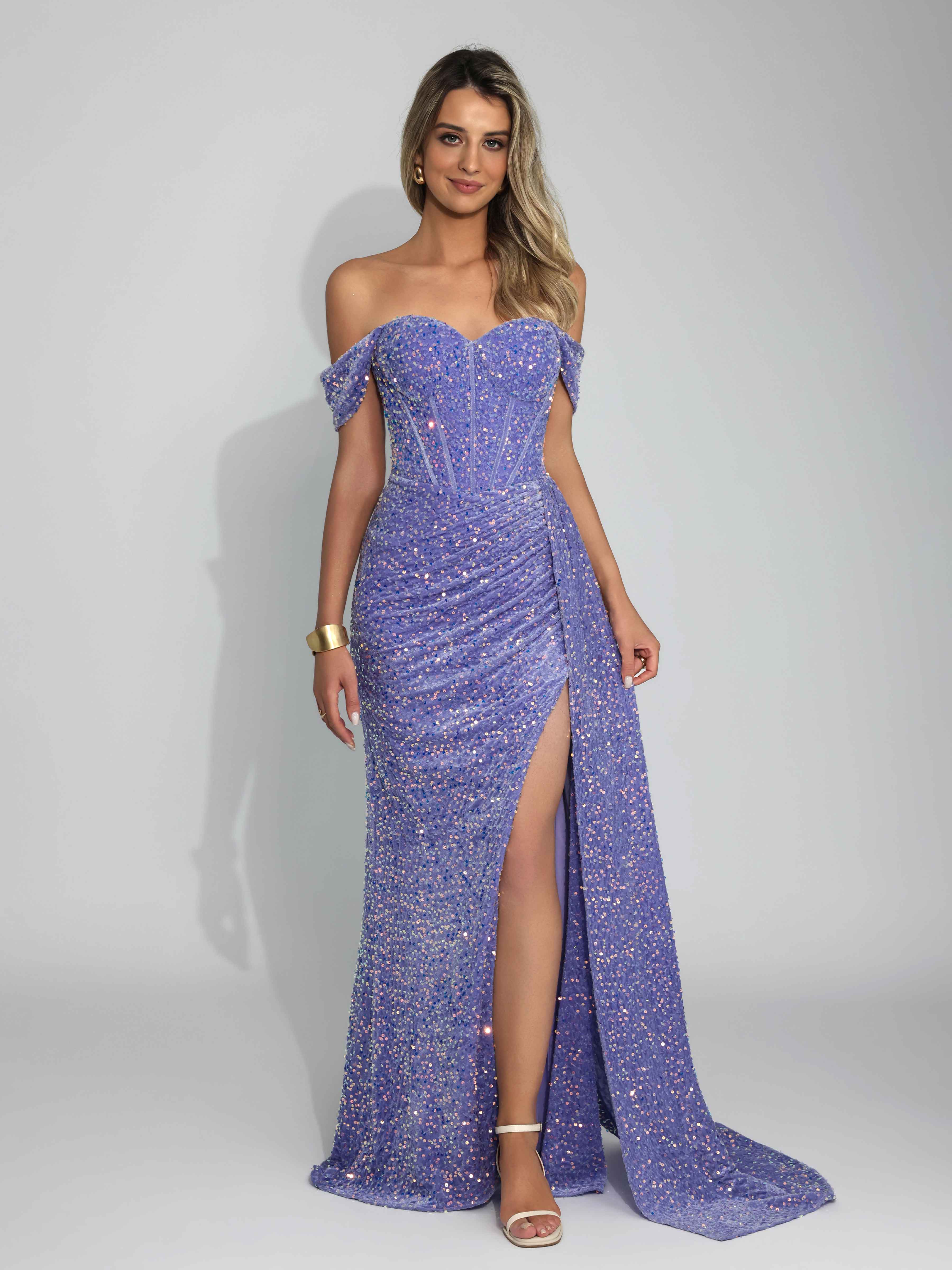 Iraelithia Elegant Off the Shoulder Pleated Velvet Sequins Long Party Dresses