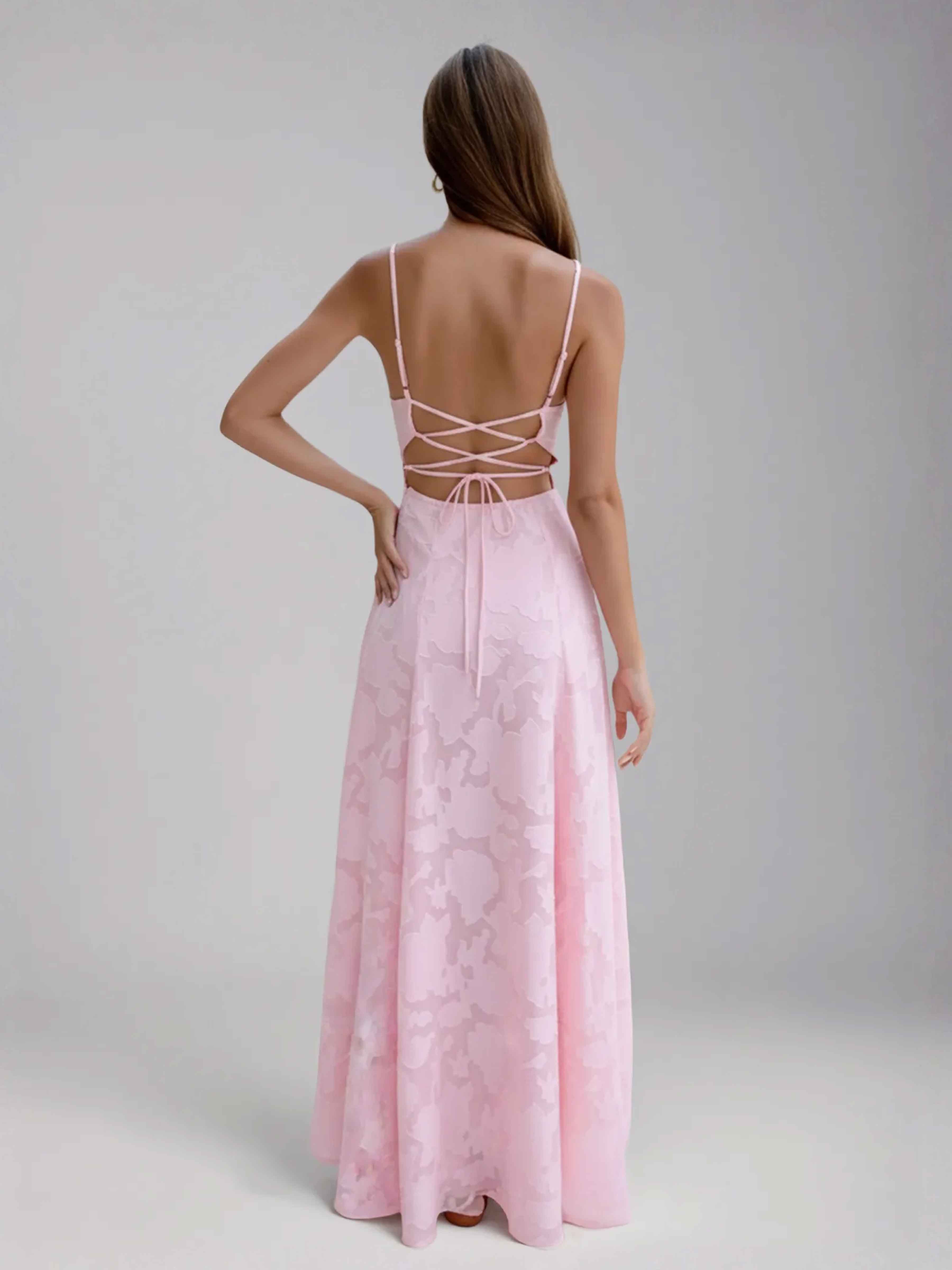 Jaelithia Trendy A-Line Spaghetti Straps Pleated Long Jacquard Party Dresses