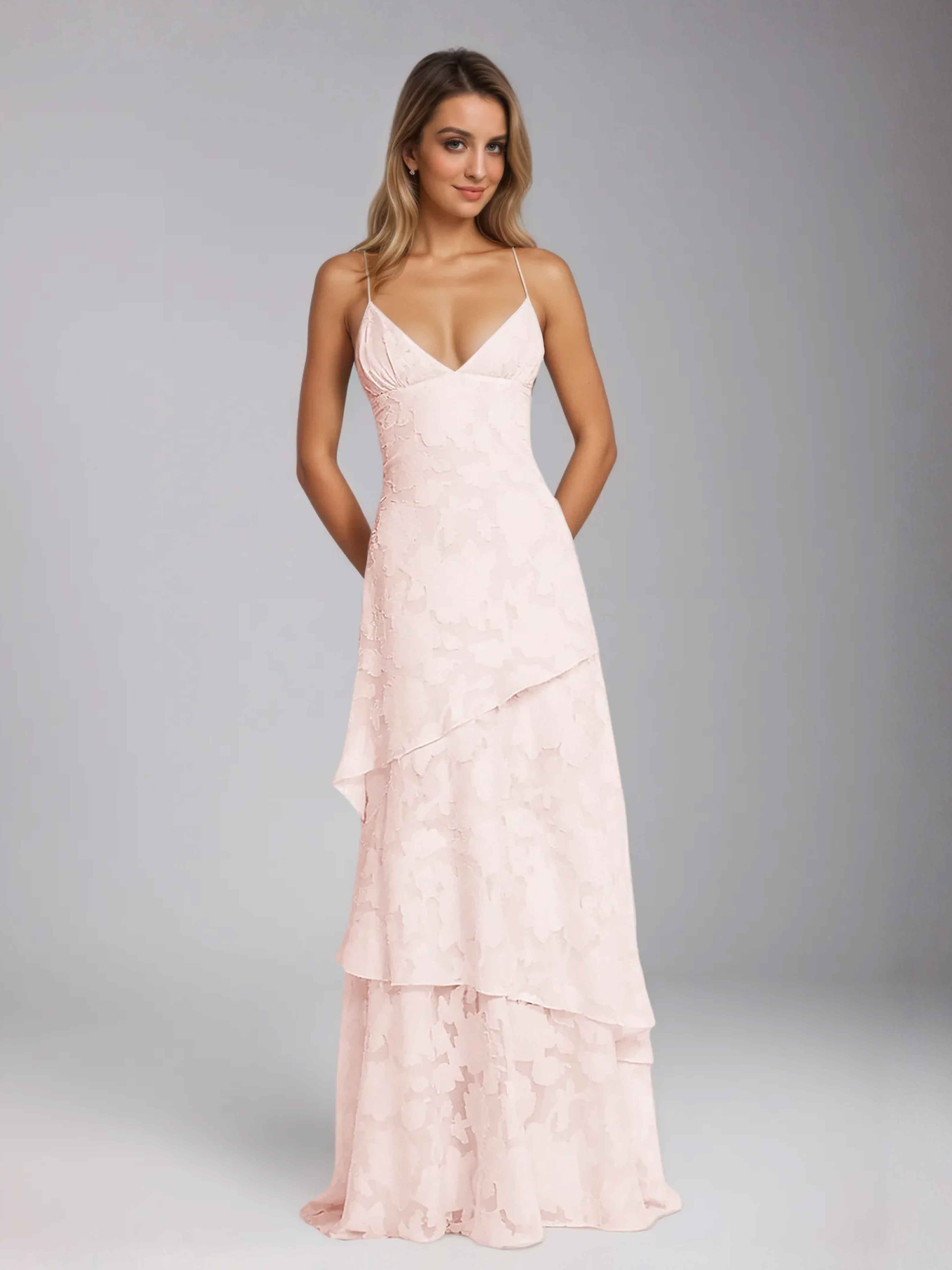 Kaelithia Chic Spaghetti Straps Tiered Long Jacquard Party Dresses