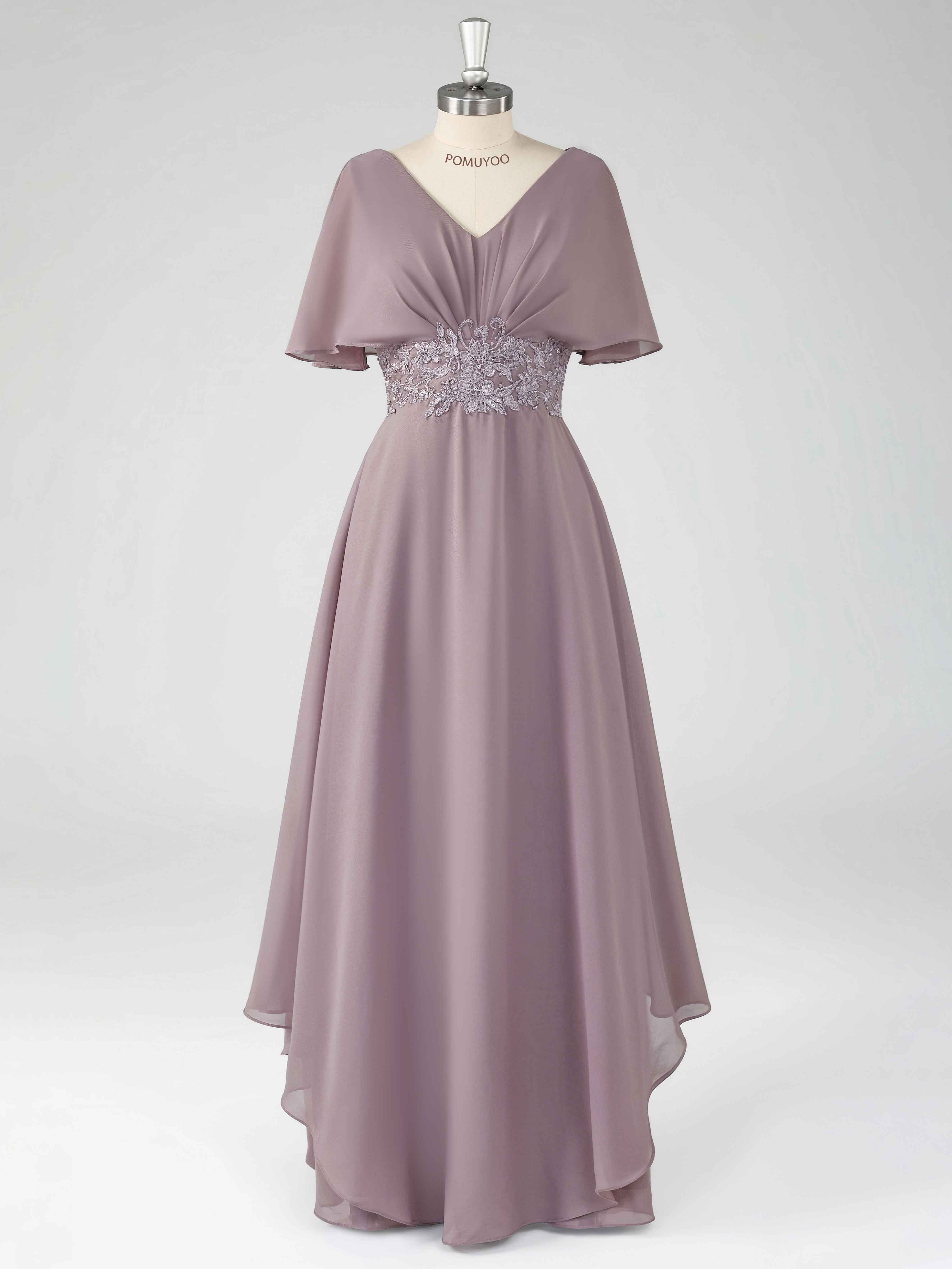 Elythris Charming A-Line Short Sleeves Appliques Long Chiffon Mother of the Bride & Groom Dresses