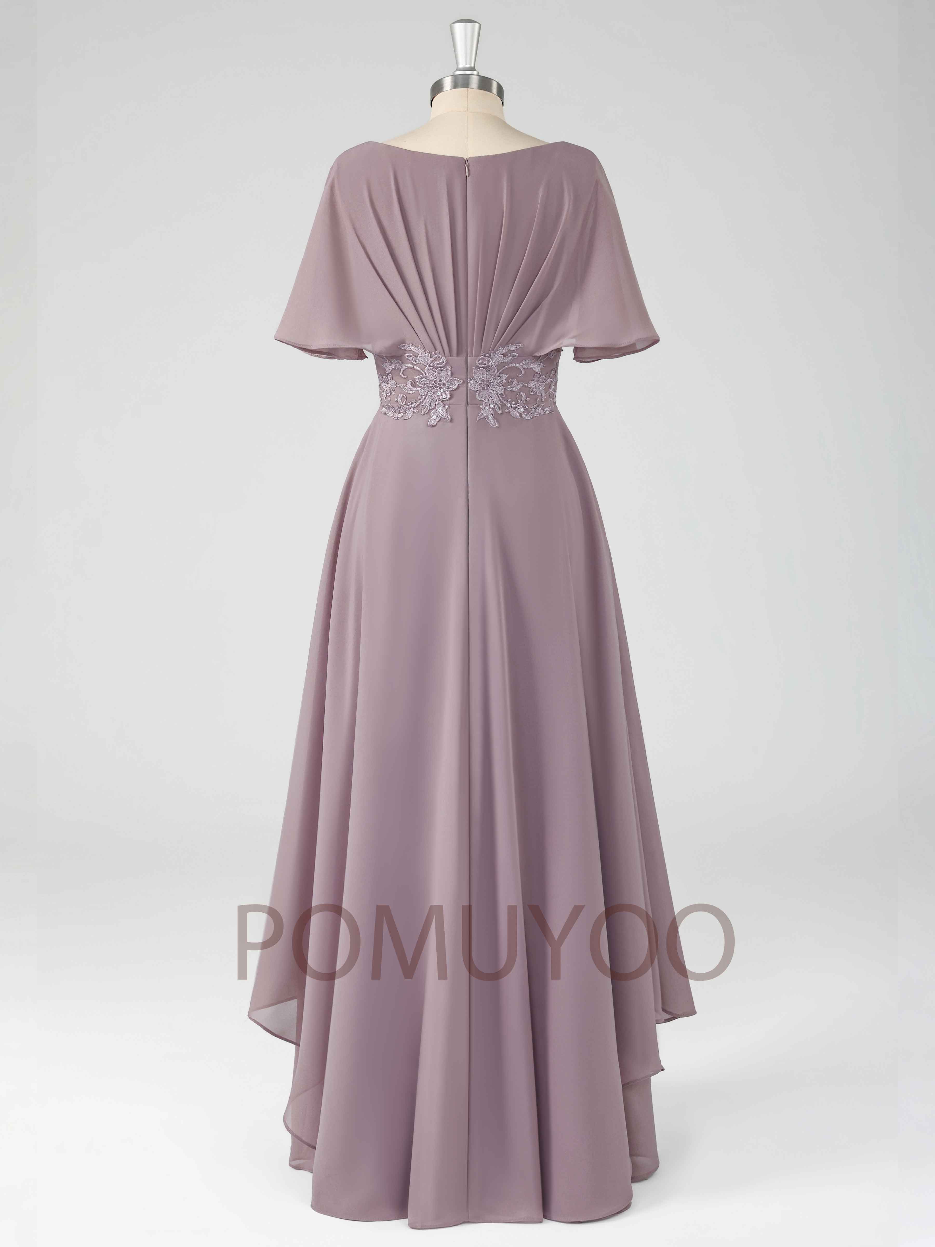 Elythris Charming A-Line Short Sleeves Appliques Long Chiffon Mother of the Bride & Groom Dresses