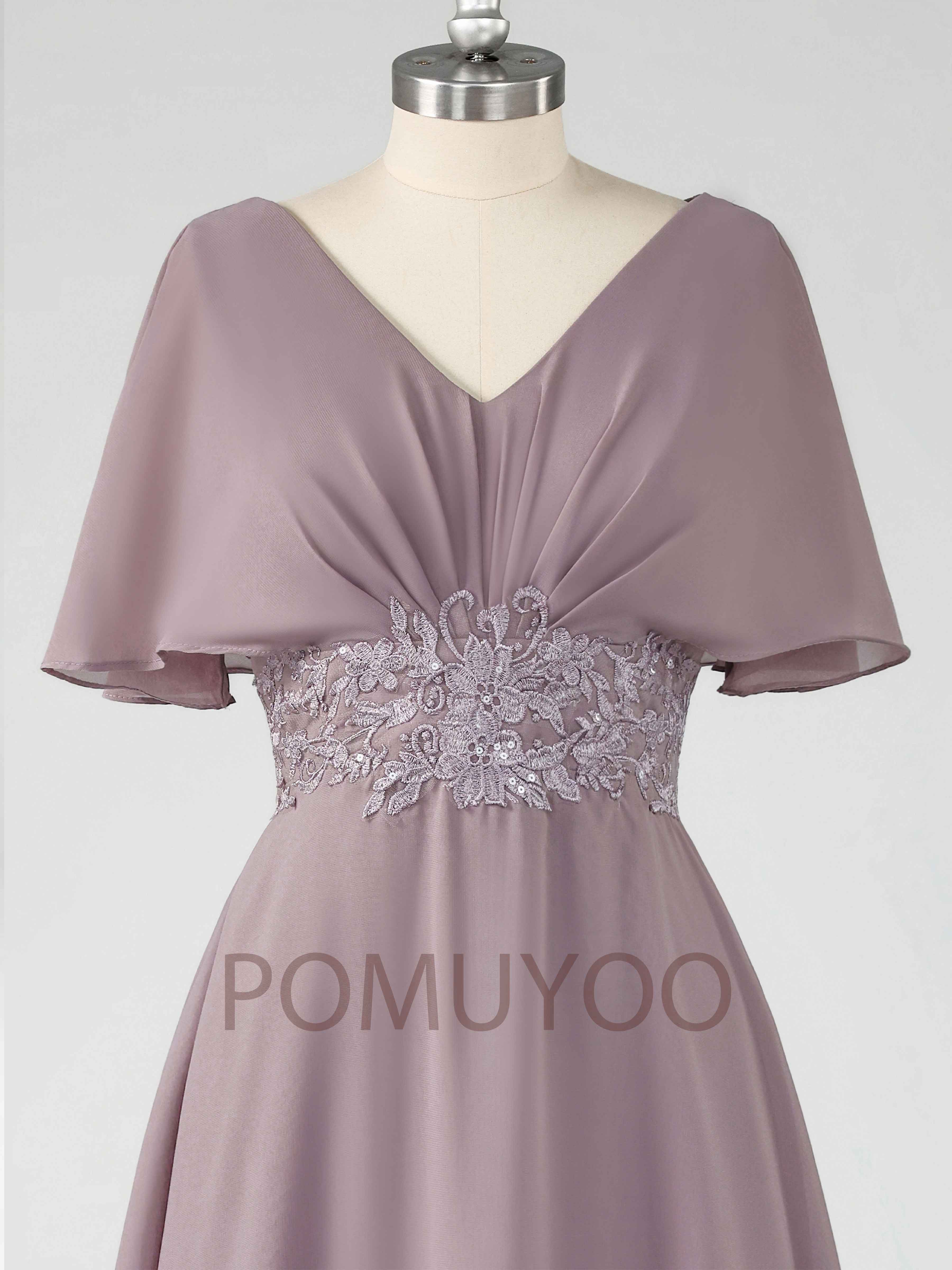 Elythris Charming A-Line Short Sleeves Appliques Long Chiffon Mother of the Bride & Groom Dresses