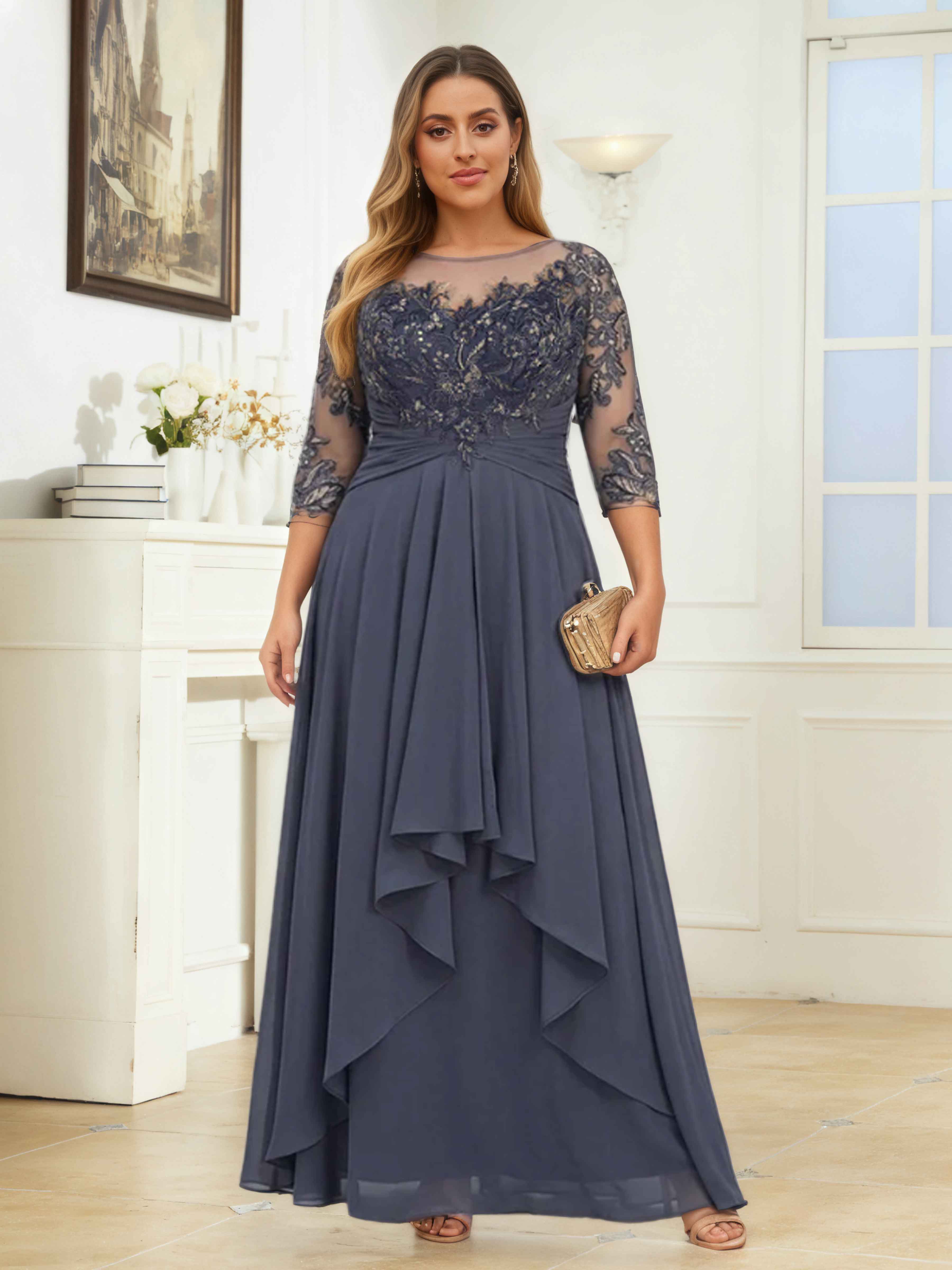 Draelithryn Illusion Appliques Ruched Long Chiffon Mother of the Bride Dresses UK