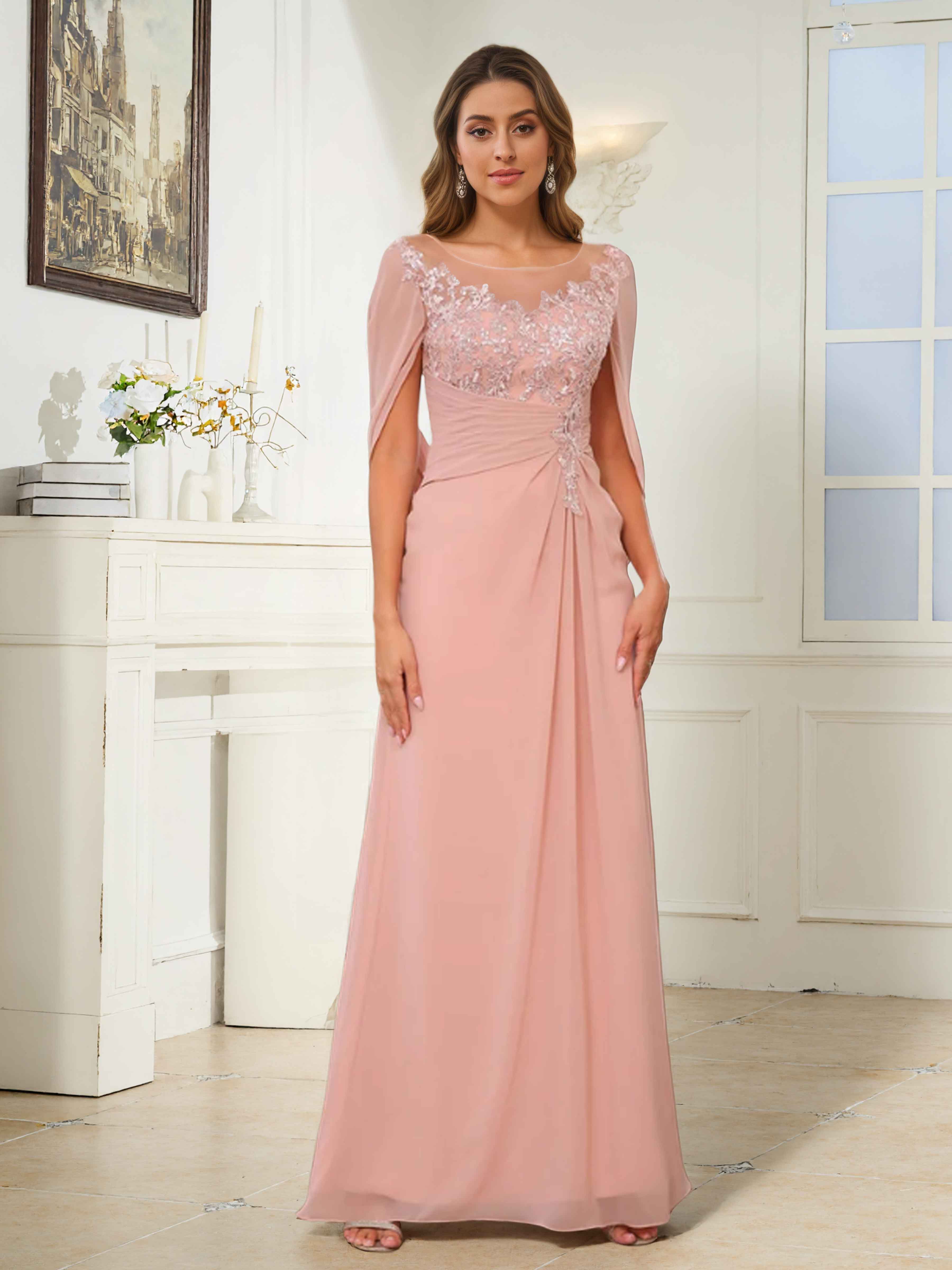 Fraelithryn Ruched Cape Lace Appliques Long Chiffon Mother Of The Bride Dresses UK