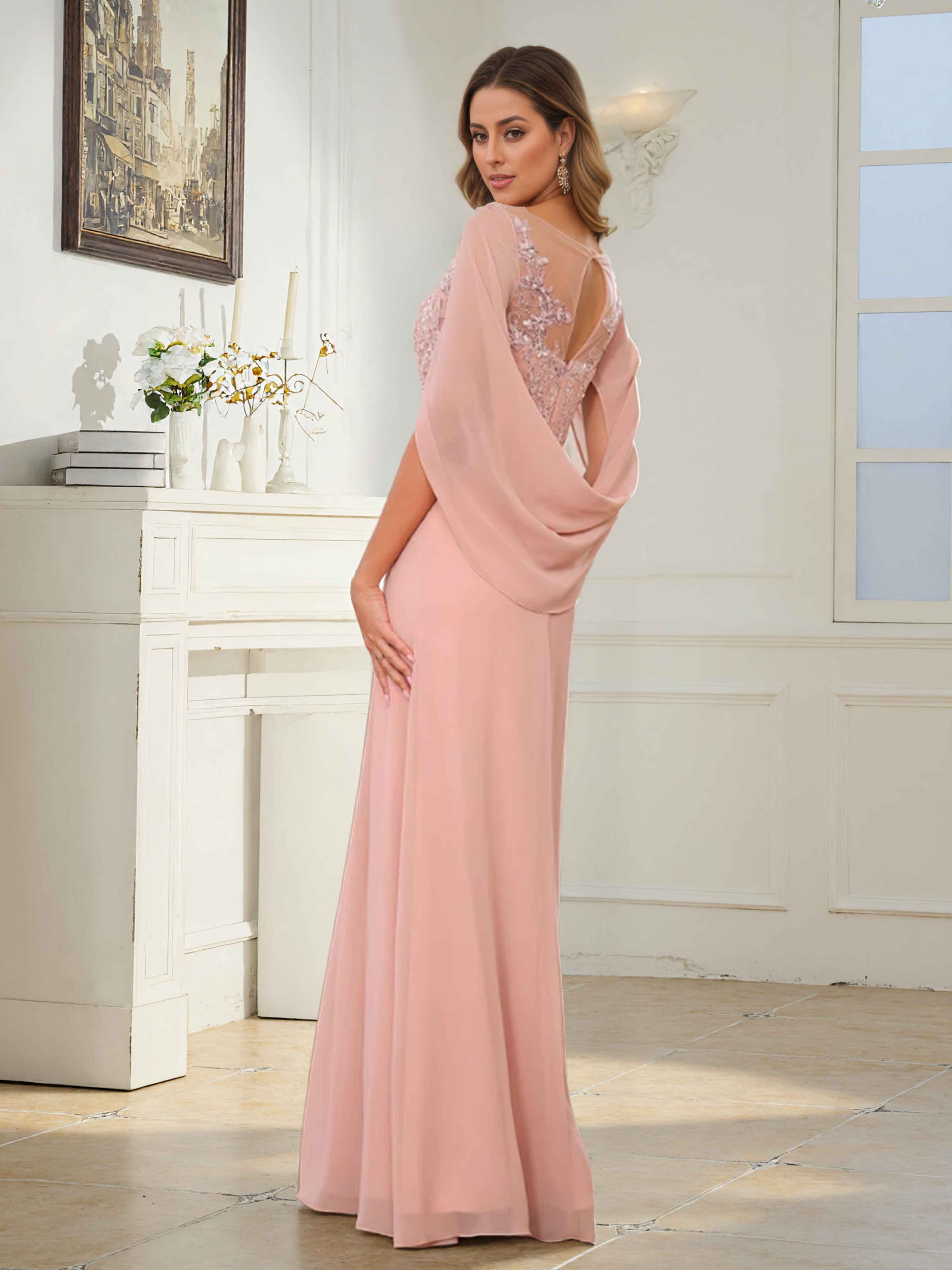 Fraelithryn Ruched Cape Lace Appliques Long Chiffon Mother Of The Bride Dresses UK