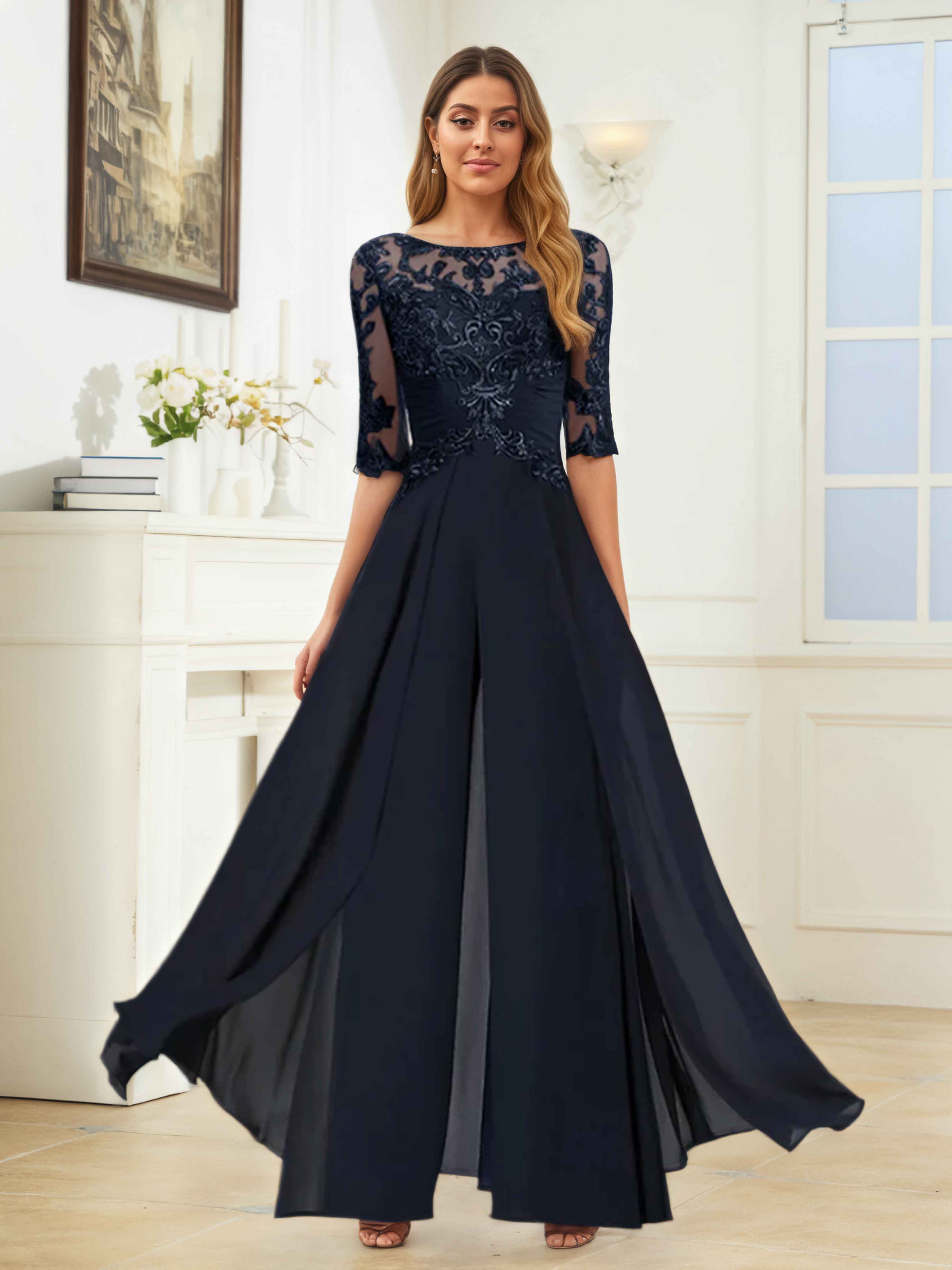 Helythryn Scoop Illusion Half Sleeves Mother of the Bride Pantsuit/Jumpsuit UK