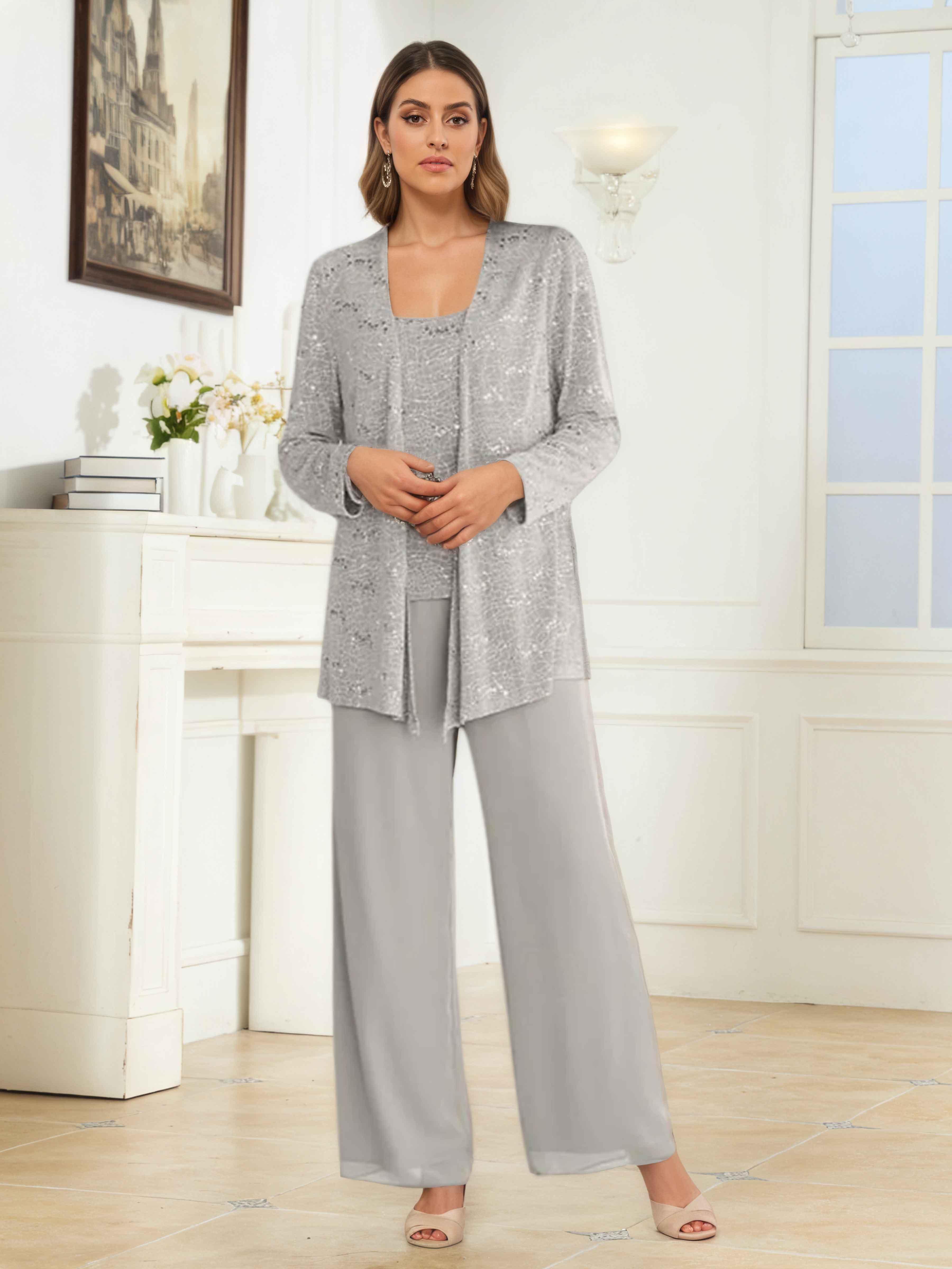 Iraelithryn Round Neck 3-Piece Mother of the Bride Pantsuit with Jacket UK