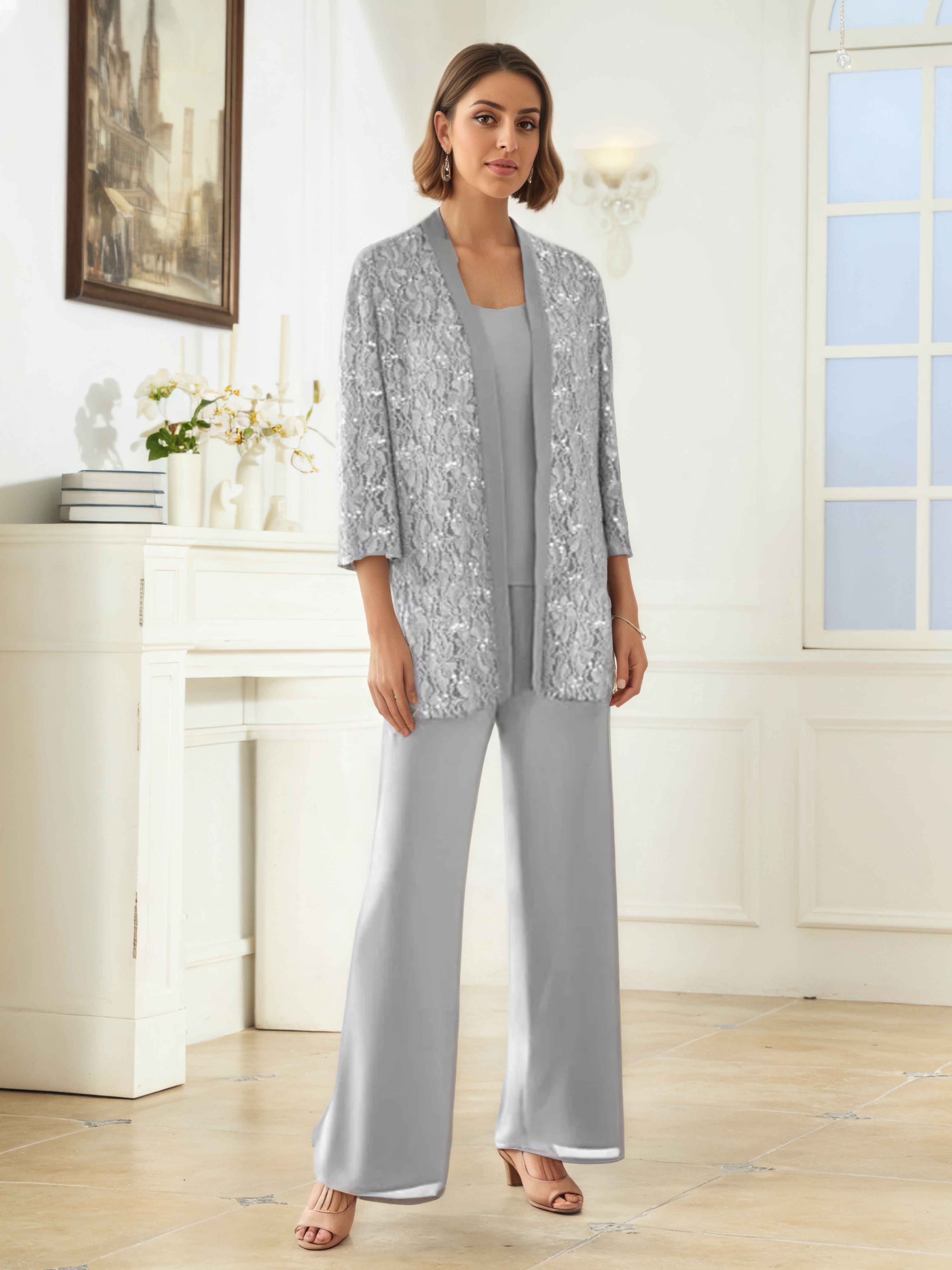 Jaelithryn 3-Piece 3/4 Sleeves Sequins Chiffon Mother of the Bride Pantsuit UK