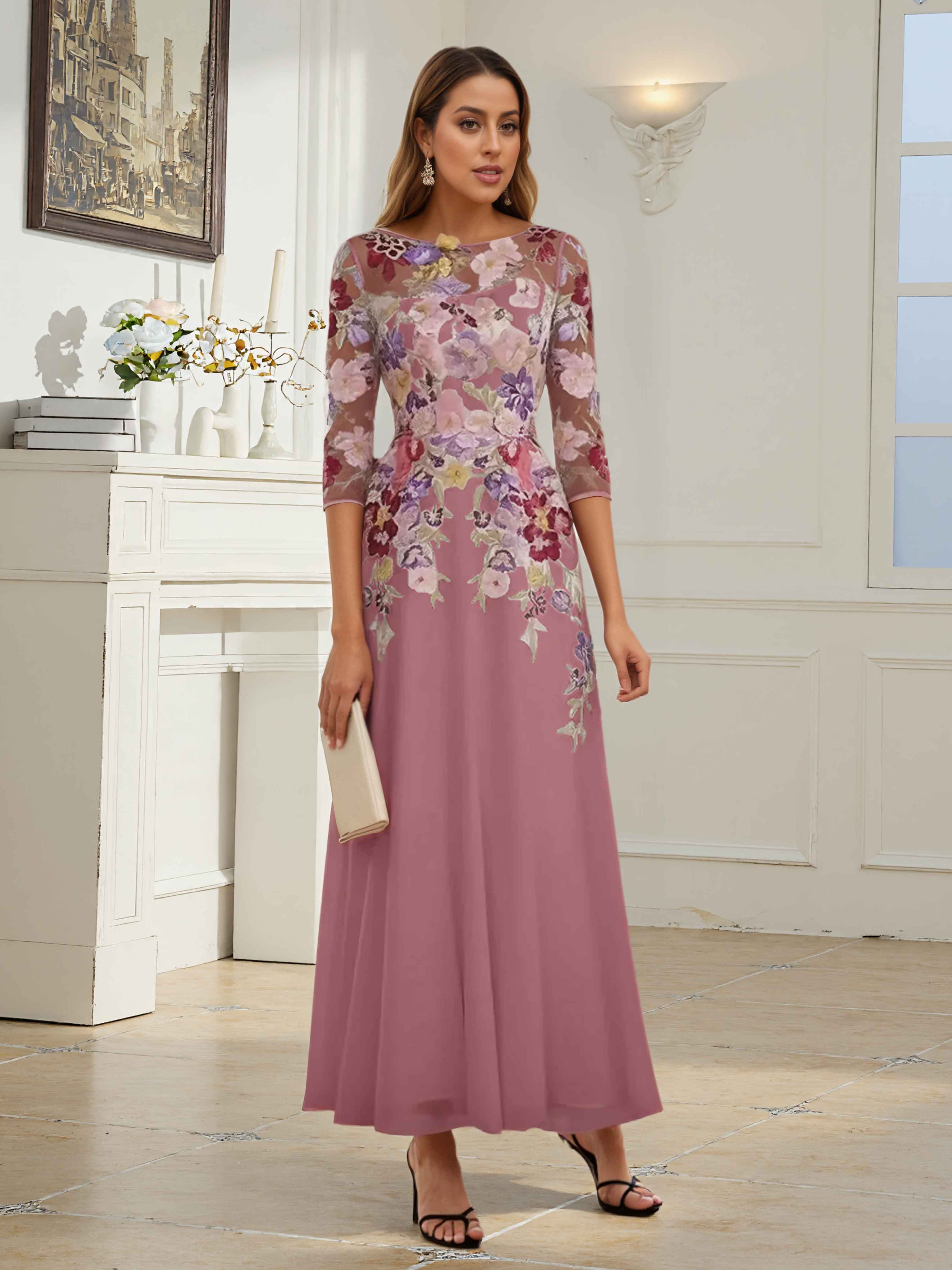 Kaelithryn Illusion Floral Lace Long Chiffon Mother of the Bride Dresses UK