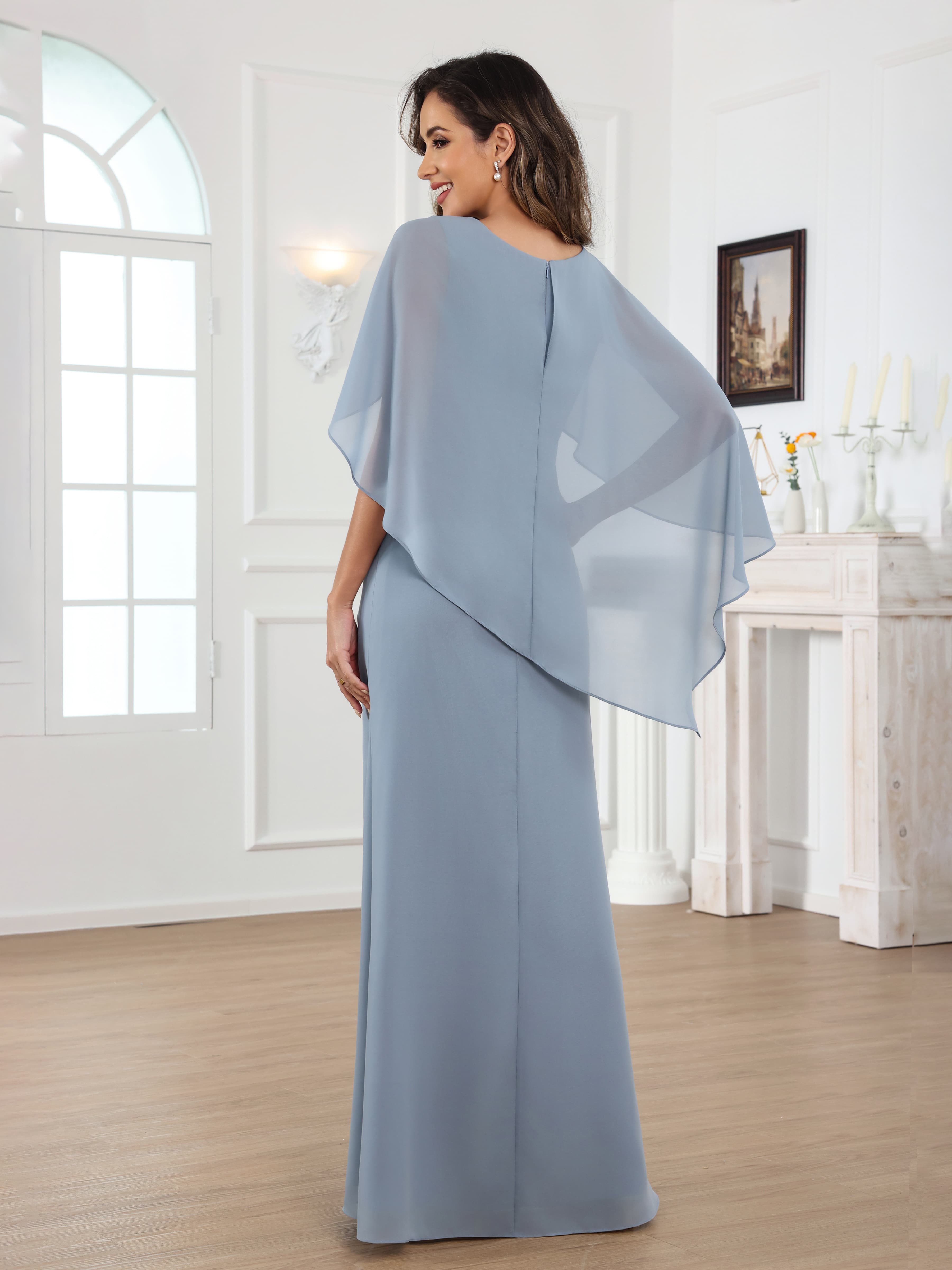Mraelithryn Charming A-Line Scoop Short Sleeves Ruched Long Chiffon Mother of the Bride Dresses