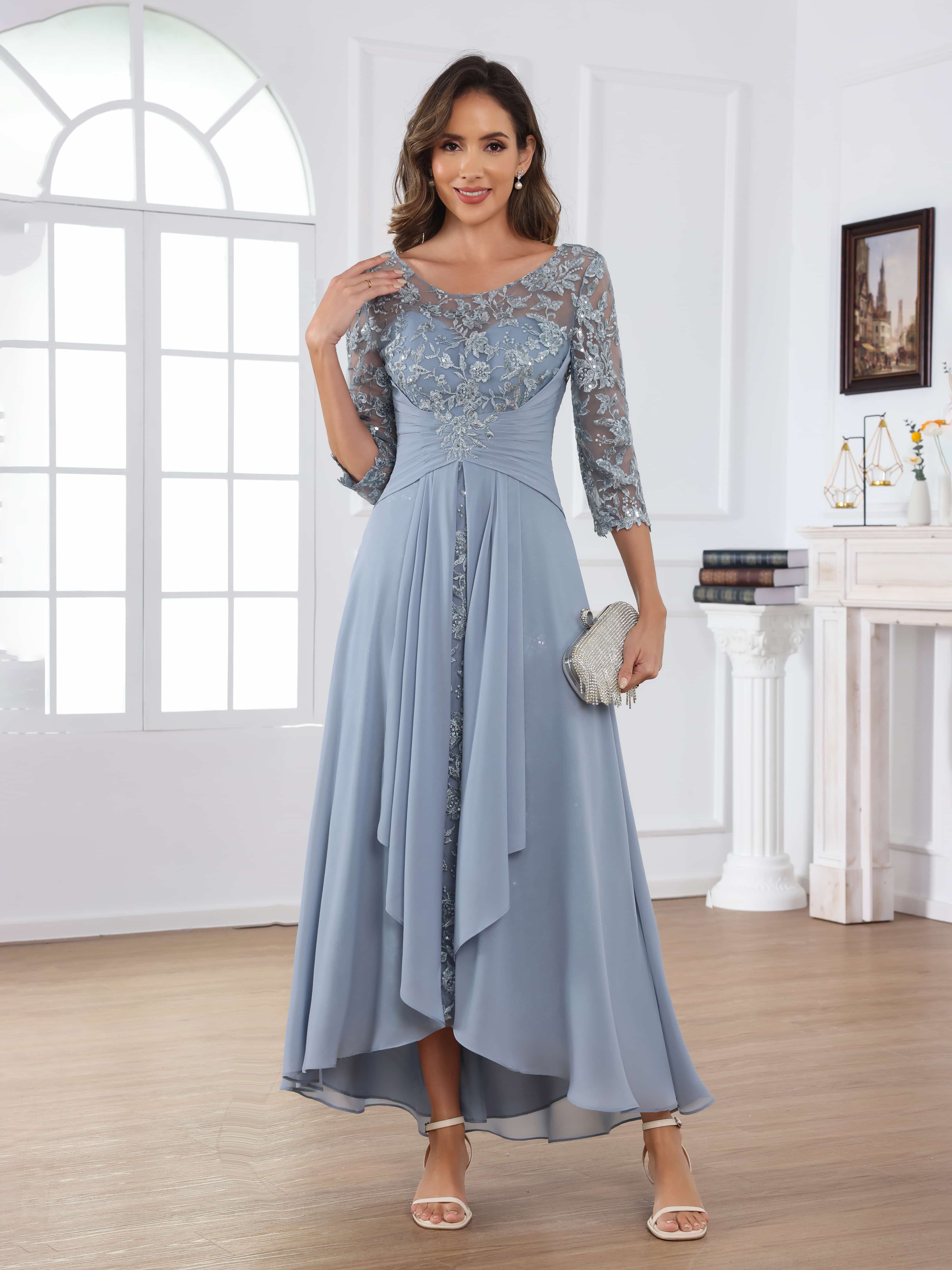 Praelithryn Sophisticated A-Line Illusion Appliques Ruched Long Mother of the Bride Dresses