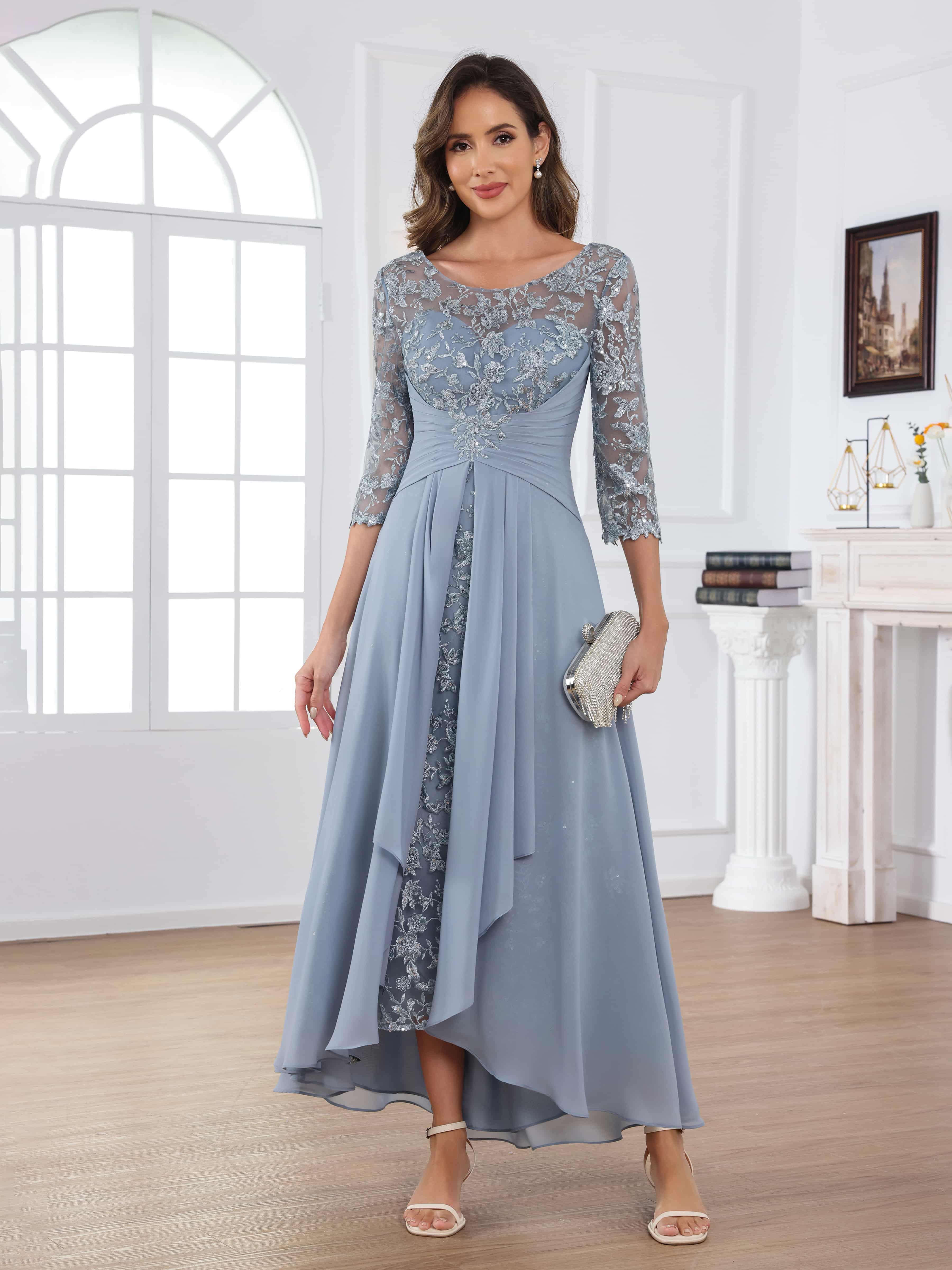 Praelithryn Sophisticated A-Line Illusion Appliques Ruched Long Mother of the Bride Dresses